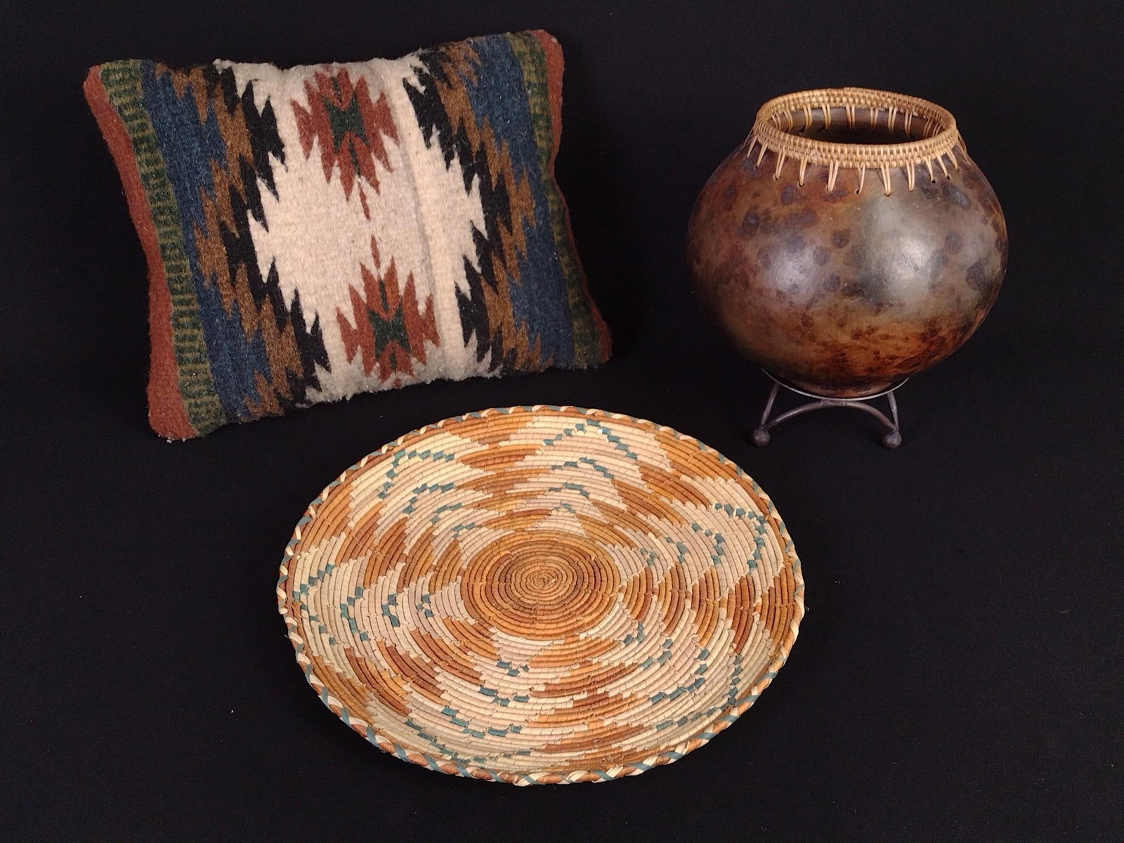 4 Southwest Style Collectibles: All unsigned. Vase with woven top: 7-1/2" diameter x 7" high.