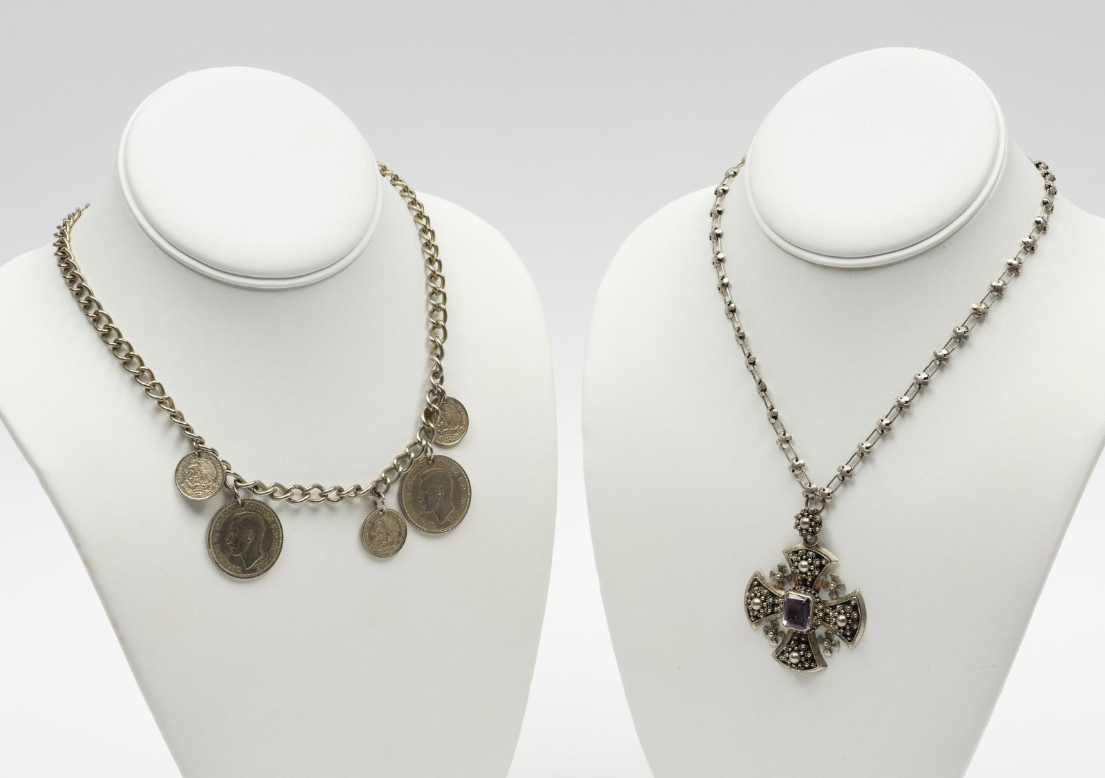 Sterling Jerusalem Necklace & Silver Coin Necklace: Coin necklace with two 1945 half penny's and three 1950's Mexican cents. Sterling Jerusalem necklace with emerald cut amethyst. Both 16" chains.