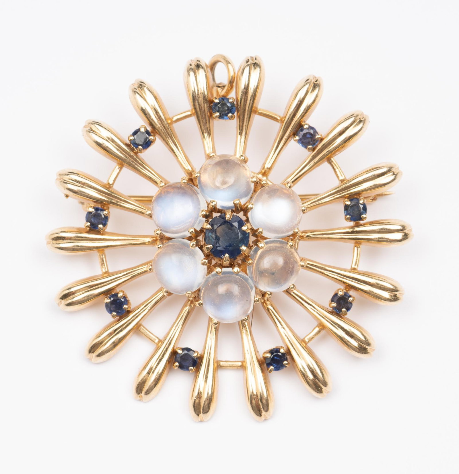 Designer 14K Gold, Moonstone & Sapphire Brooch (1 of 3)