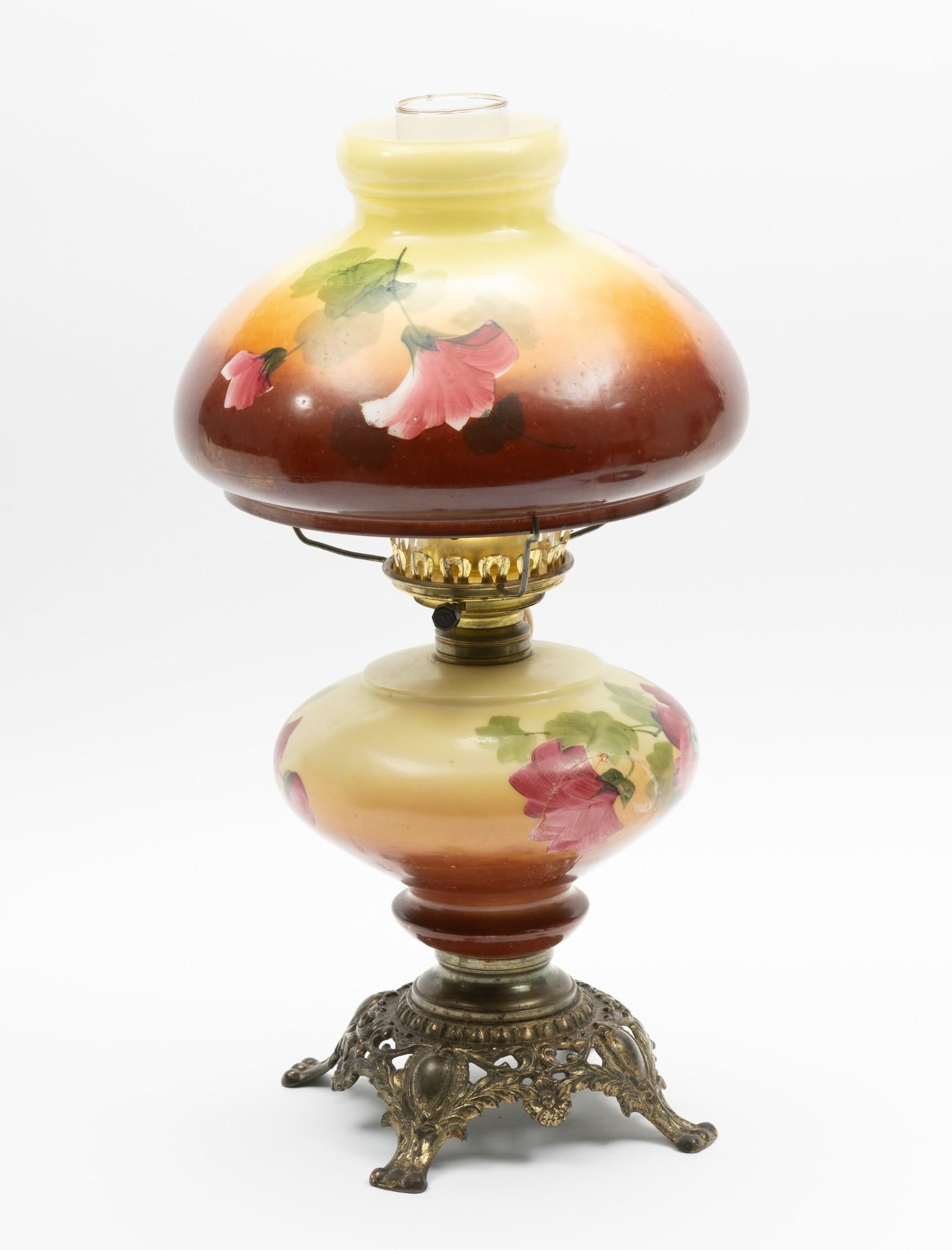 Hand Painted Gone With The Wind Lamp: Electrified. Working. Overall: 10" diameter x 19-1/4" high. Center shade is a marriage to the lamp. Top of hand painted shade rough with minor chips.