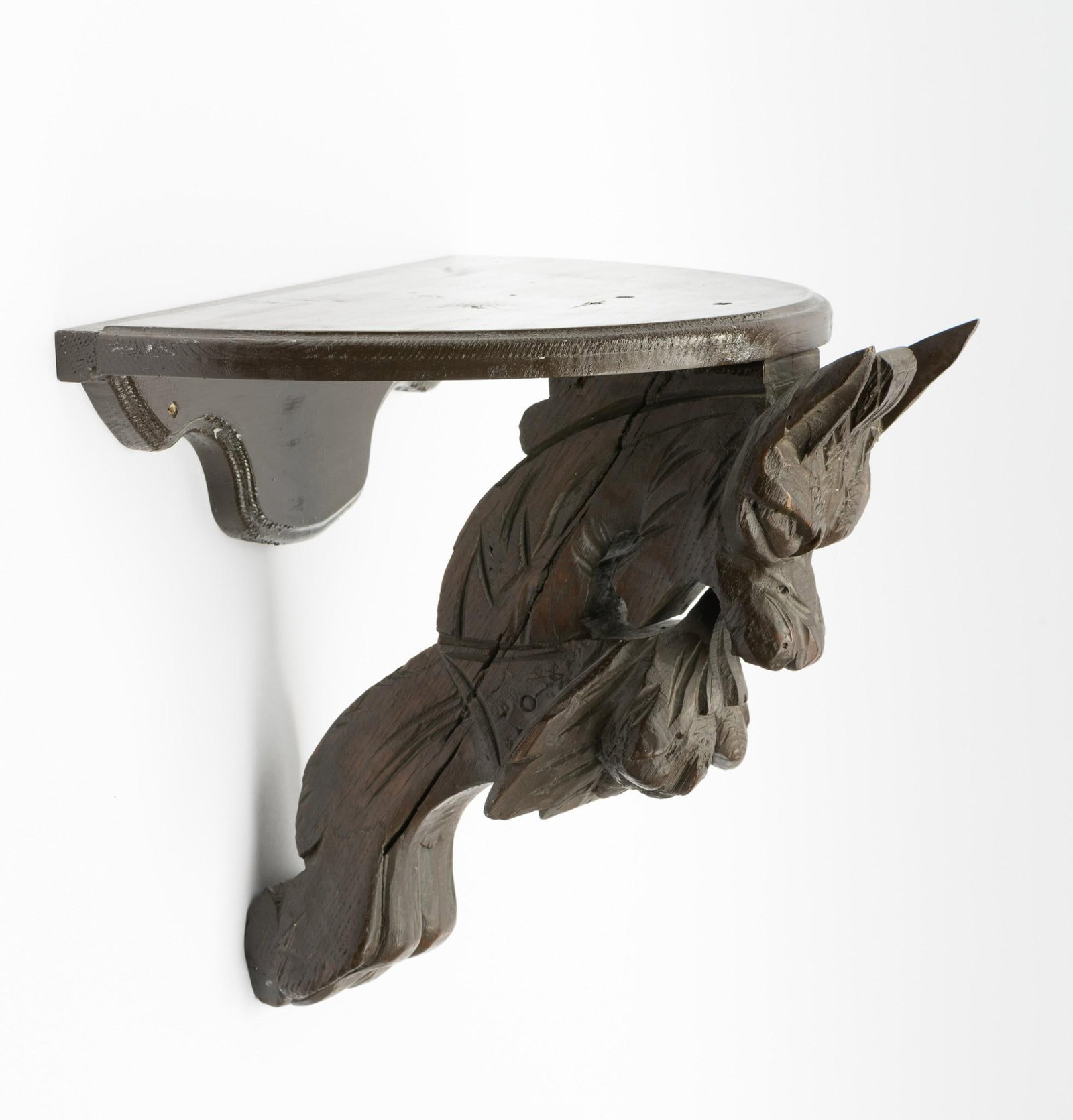 Copenhagen Wood Carved Wall Shelf: 14-1/4" wide x 12" deep x 12-3/4" high. Minor wear consistent with age and use.