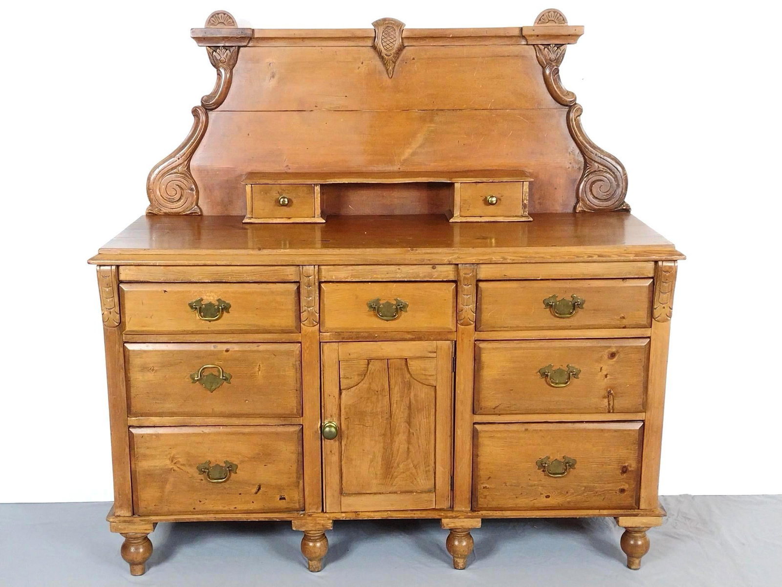 Antique Sideboard: NOT ELIGIBLE FOR IN-HOUSE SHIPPING. Back splash and drawers are removable. 55-1/2" wide X 18-1/2" deep X 38-1/2" high. Has some scratches.