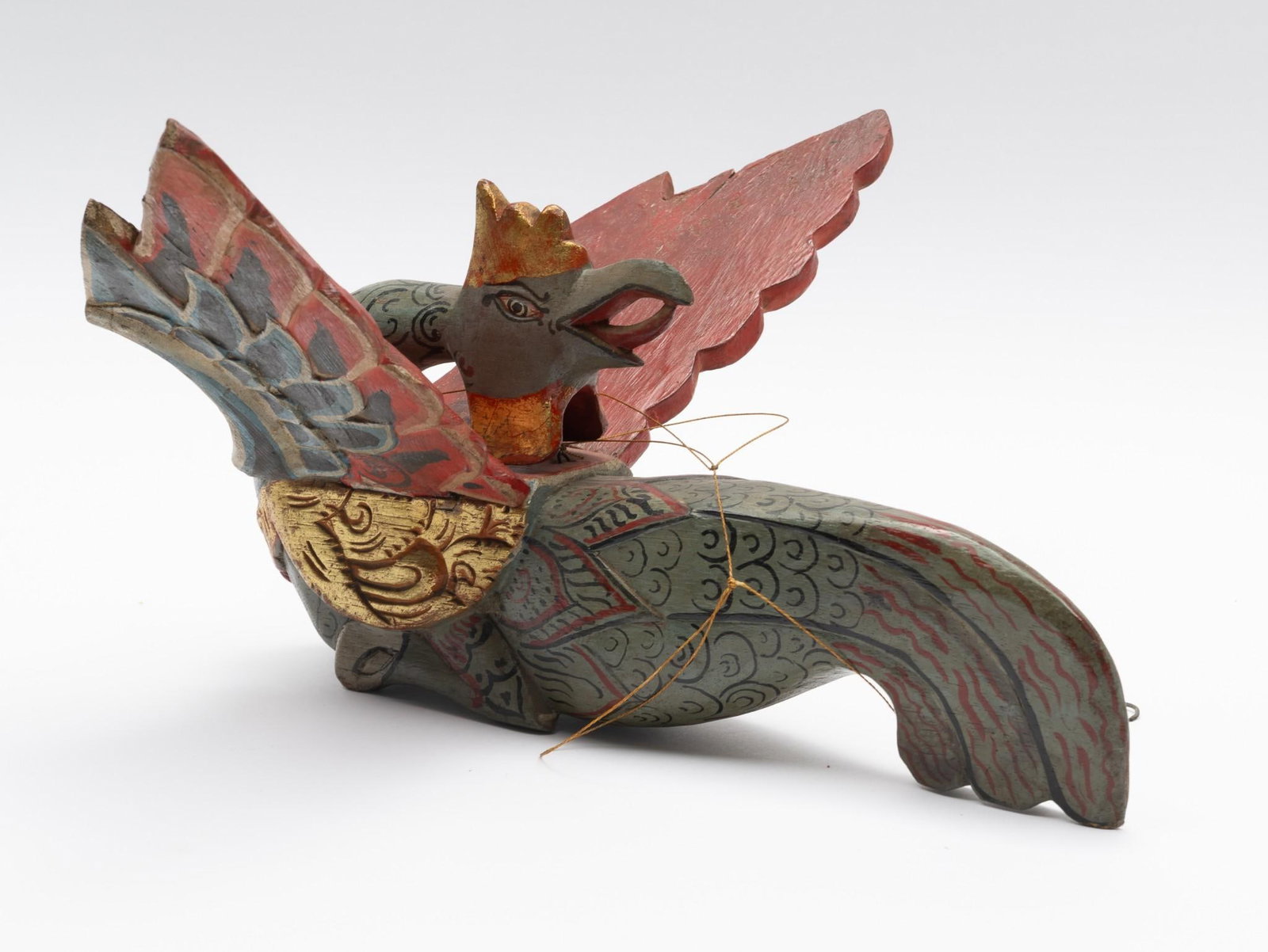 Carved Hand Painted Bird: Wings are detachable. Assembled: 16" wide x 14" deep x 7-1/4" high. Minor wear consistent with age and use.
