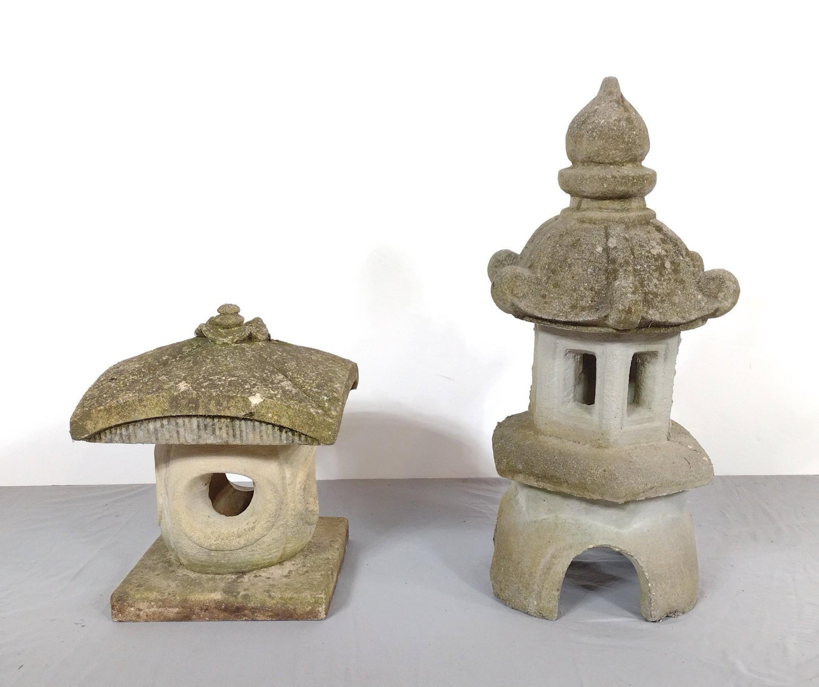 2 Cement Pagodas: NOT ELIGIBLE FOR IN-HOUSE SHIPPING. 2 section 12-1/2" wide X 12-1/2" deep X 15" high. 3 section 12" wide X 12" deep X 27-1/2" high.