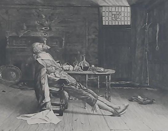 C. A. May Antique Man in Chair Print: NOT ELIGIBLE FOR IN-HOUSE SHIPPING. Sight: 7-3/4" high x 10" wide. Overall with frame: 18-3/4" high x 22-1/2" wide.