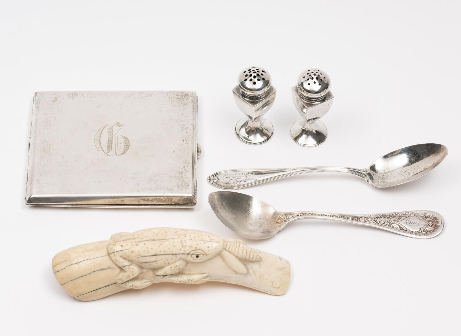 5 Pcs Sterling Silver & Bone Carving: All marked. Bone carved figure of frog eating a bug. Figure measures 5-3/4" long. Sterling 5.98 ozt total.