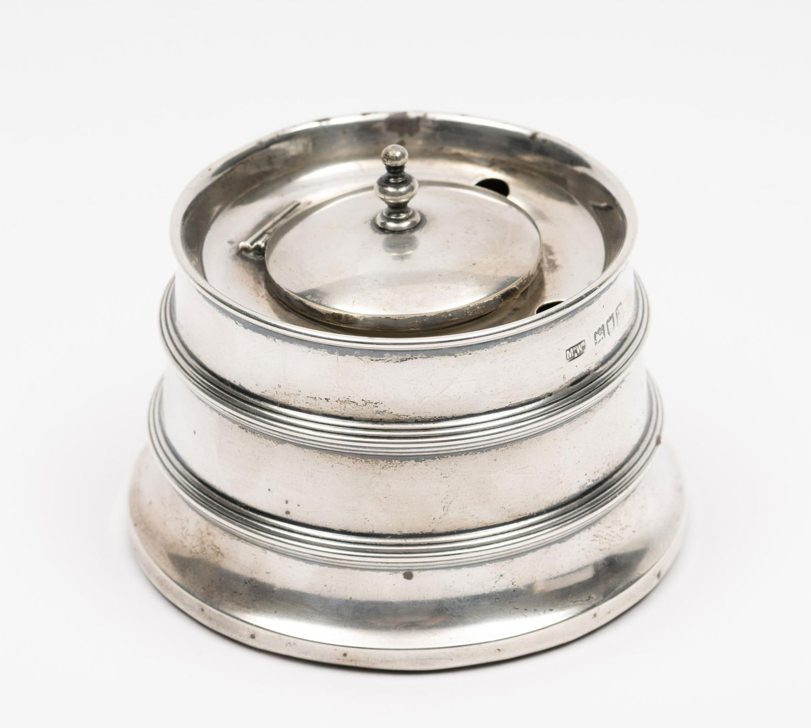 Mappin & Webb Sterling Inkwell: Marked. Ceramic bowl, wood base.
