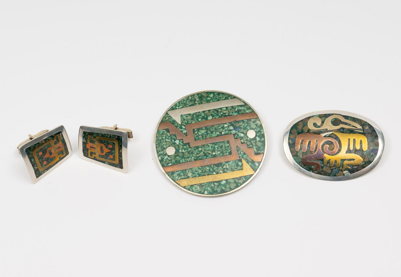 2 Mexican Silver Brooches & Pr. Cuff Links (1 of 6)