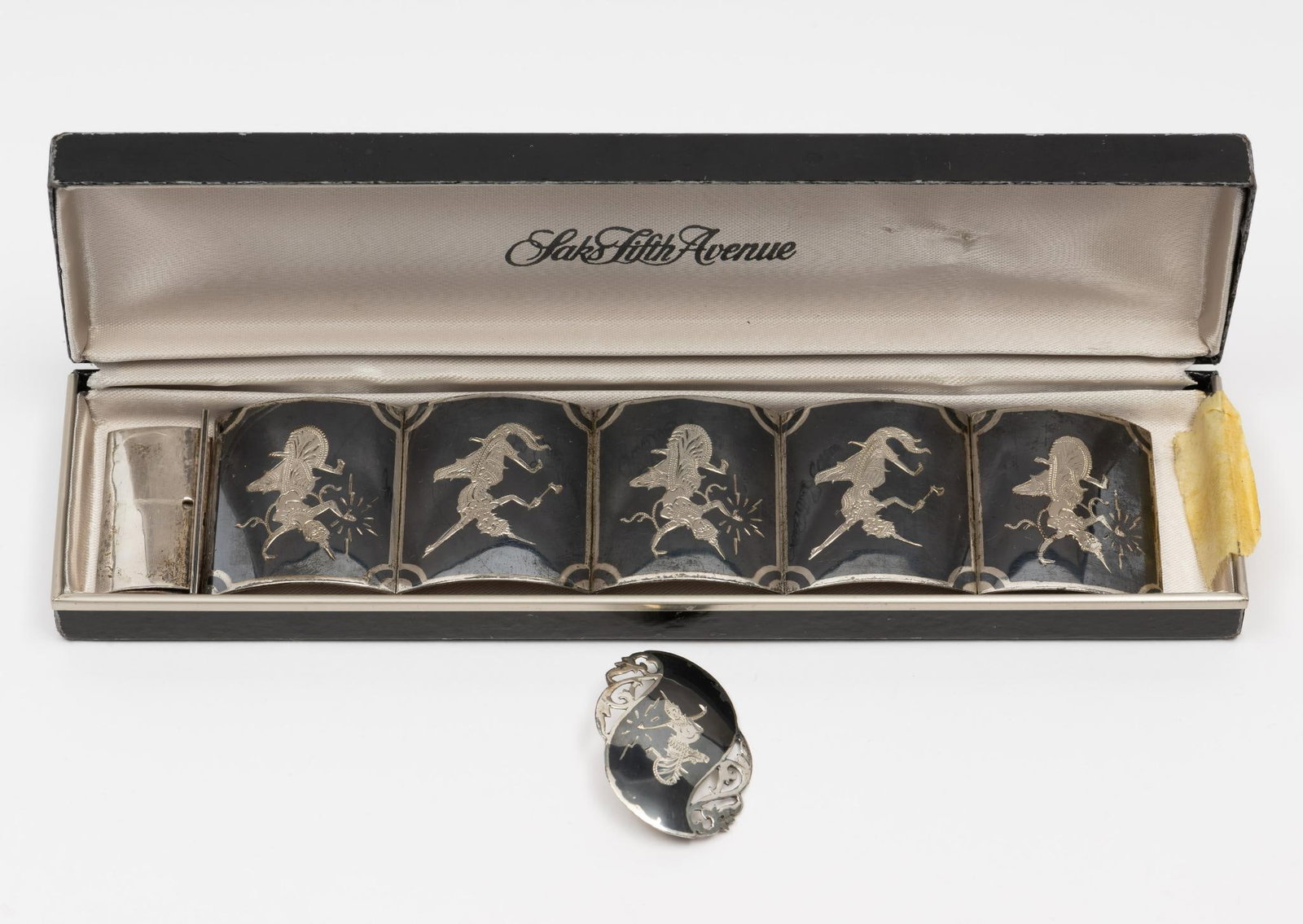 Siam Sterling Silver Bracelet and Pin: Both marked. Bracelet 1-5/8" wide x 7-1/4" long. Pin: 1-1/4" wide x 1-5/8" long.