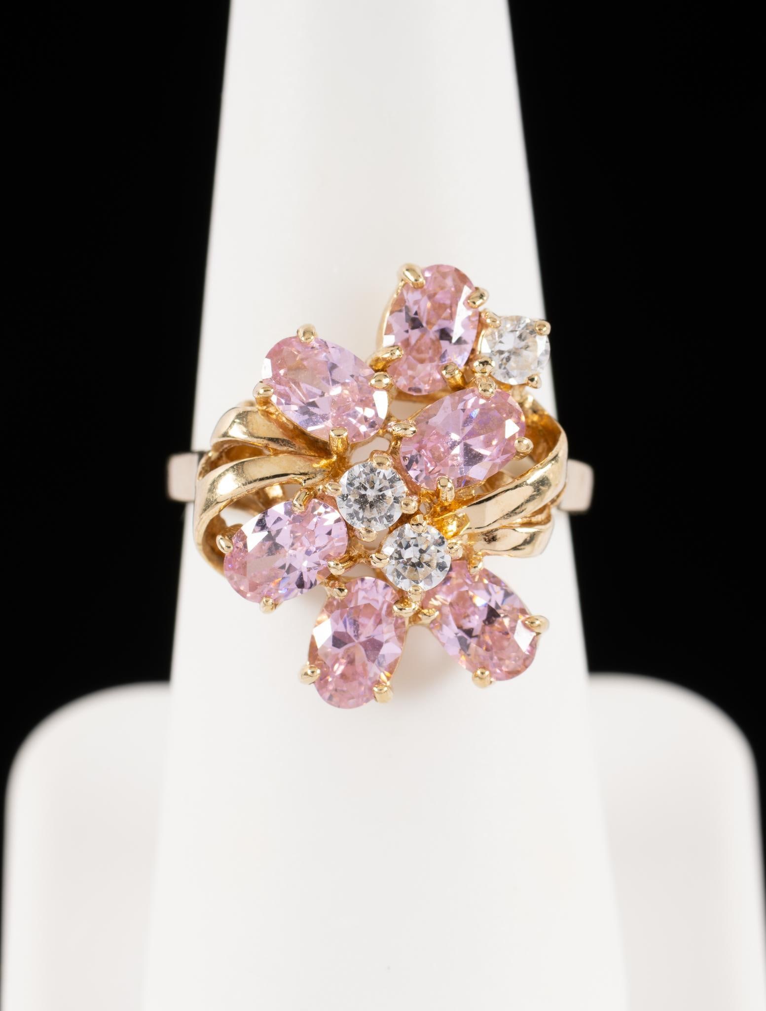 10K Gold Cocktail Ring: Dazzling pink and white CZ cocktail ring in 10k yellow gold with ring size 7 and weight of 5.3 grams.