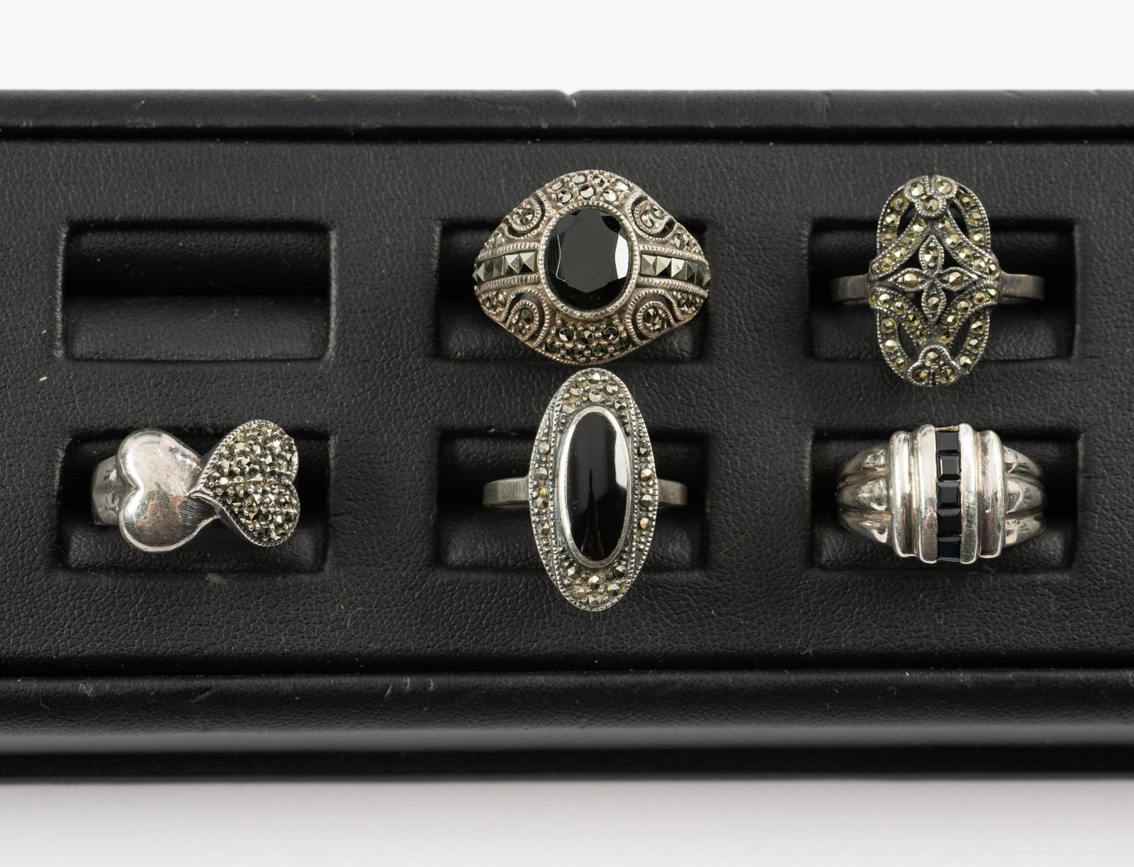 5 Sterling, Onyx, Marcasite & Sapphire Rings: Sizes 7 to 9.