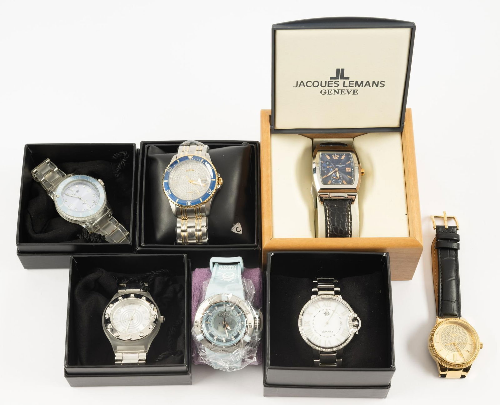 7 Wrist Watches incl Invicta & Croton: Includes blue Invicta Subaqua Noma III, Jacques Lemans stainless chronograph in original case and box with papers, Croton limited edition, and four men's fashion watches. Boxes 5" x 5" x 3" and 3-1/2"