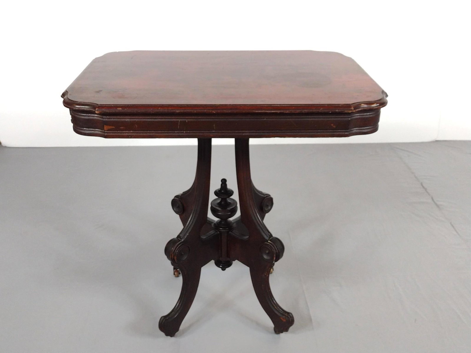 Occasional Table: NOT ELIGIBLE FOR IN-HOUSE SHIPPING. 30" wide X 21" deep X 29-1/2" high. Has some scratches and areas of finish loss. Missing some trim.