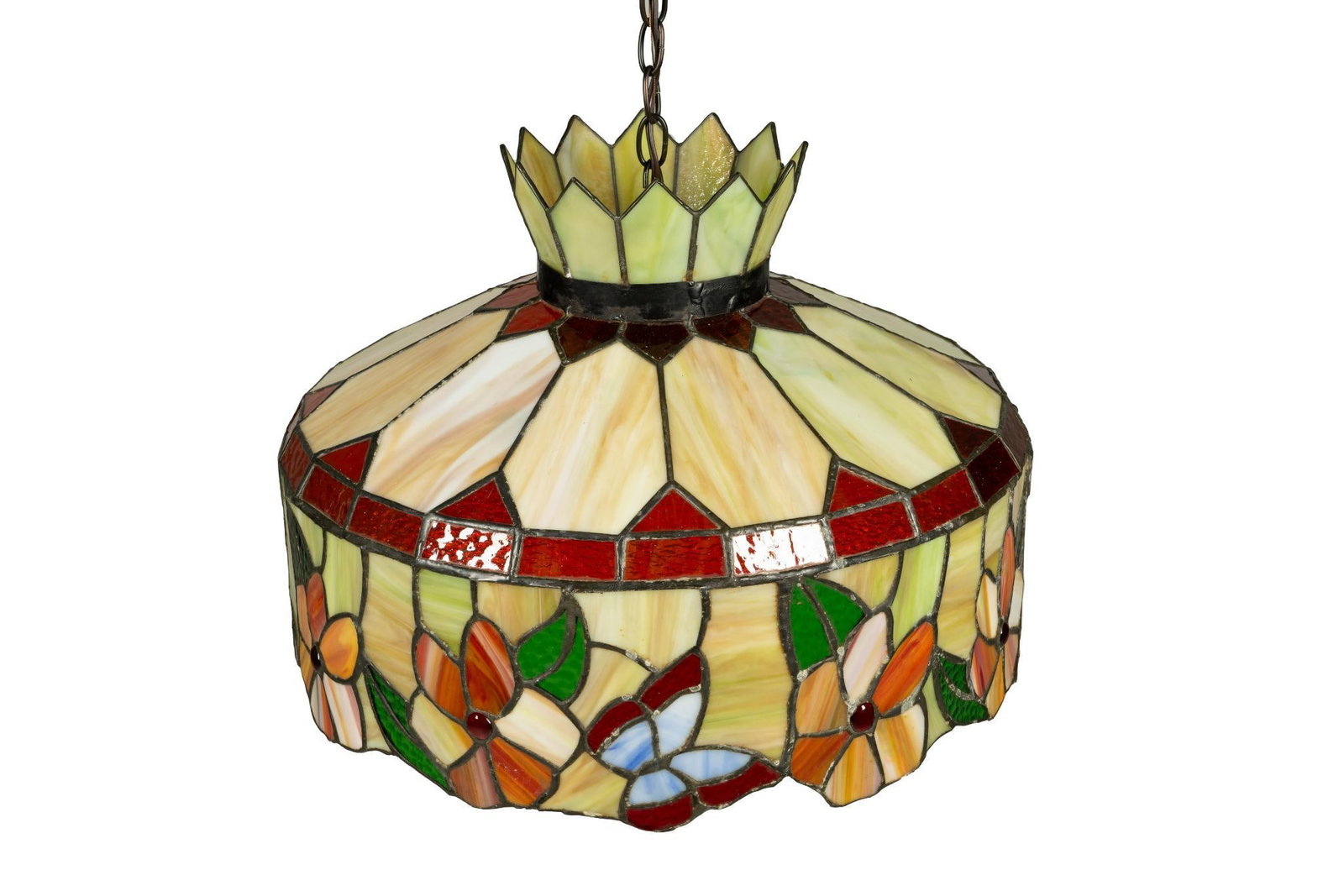 Leaded Glass Midcentury Chandelier: NOT ELIGIBLE FOR IN-HOUSE SHIPPING. Leaded glass mid-century chandelier. Decorated with butterflies and flowers. Triple lamp setup. 20" diameter.