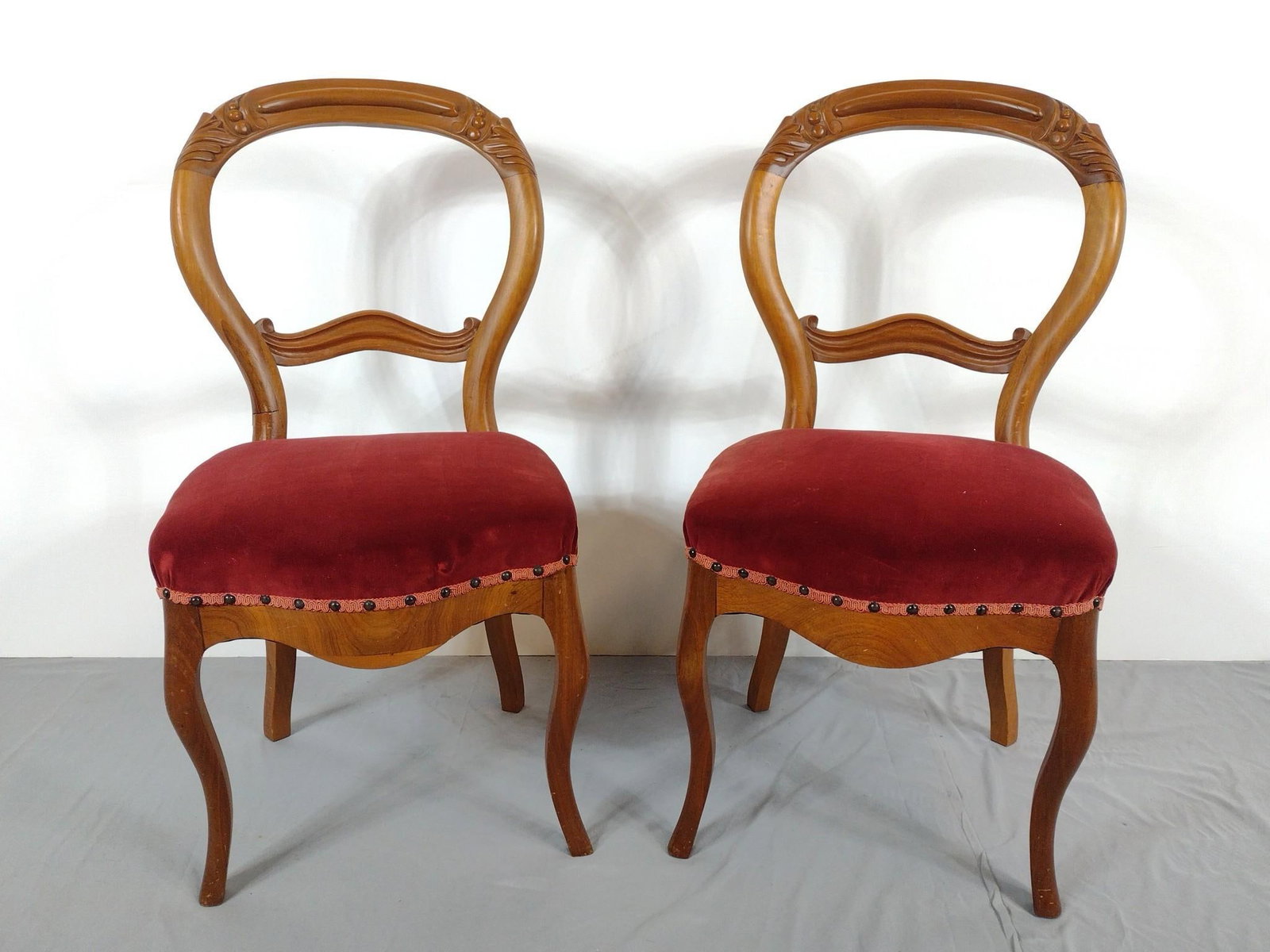 Pair Of Victorian Side Chairs: NOT ELIGIBLE FOR IN-HOUSE SHIPPING. Each 17" wide X 17" deep X 35" high. Both have some scratches.