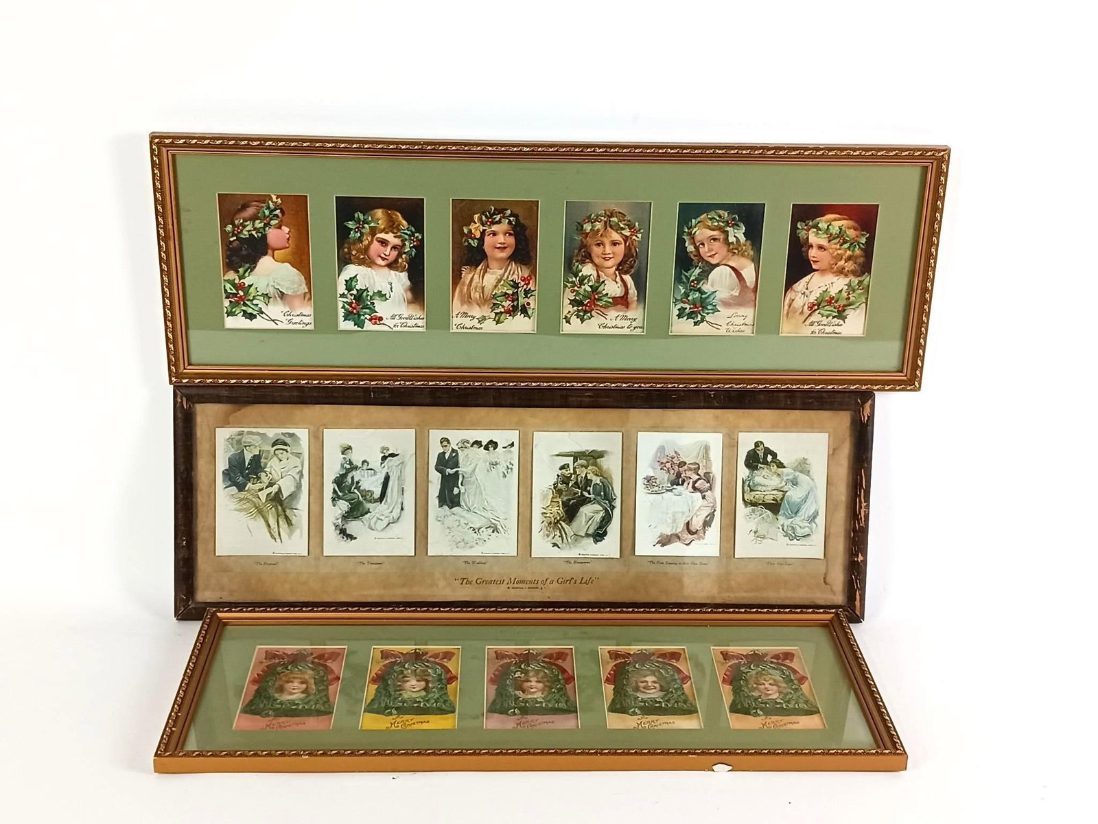 3 Greeting Card Collages incl Christmas: NOT ELIGIBLE FOR IN-HOUSE SHIPPING. Also includes "The Greatest Moments in a Girl's Life" series. Overall with frames: 9-1/4" to 9-1/2" high x 24-1/2" to 29" long. The Greatest Moments in a Girl's Lif