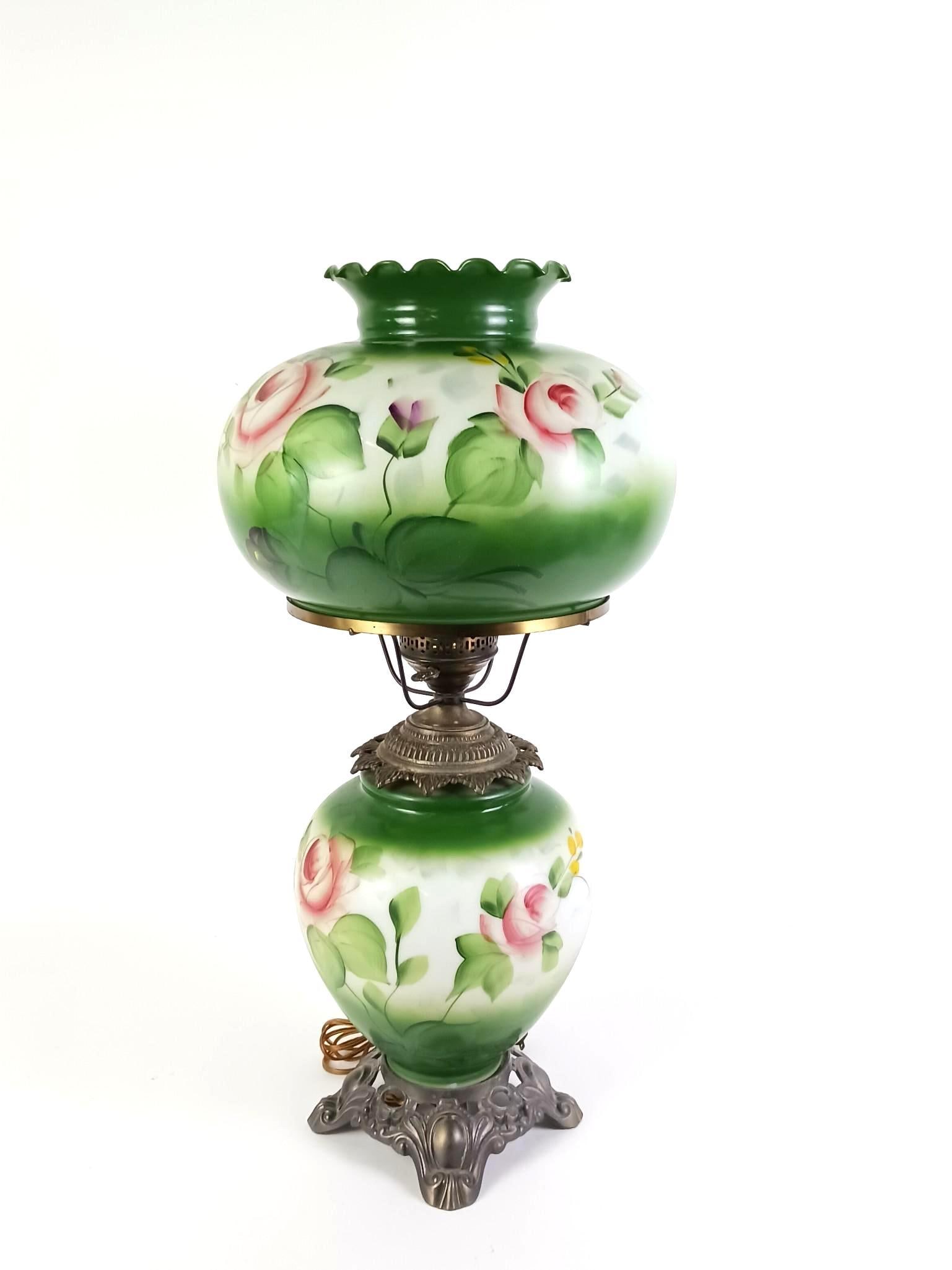 Floral Gone with the Wind Lamp: NOT ELIGIBLE FOR IN-HOUSE SHIPPING. Working. Overall: 13" diameter x 28-1/2" high.