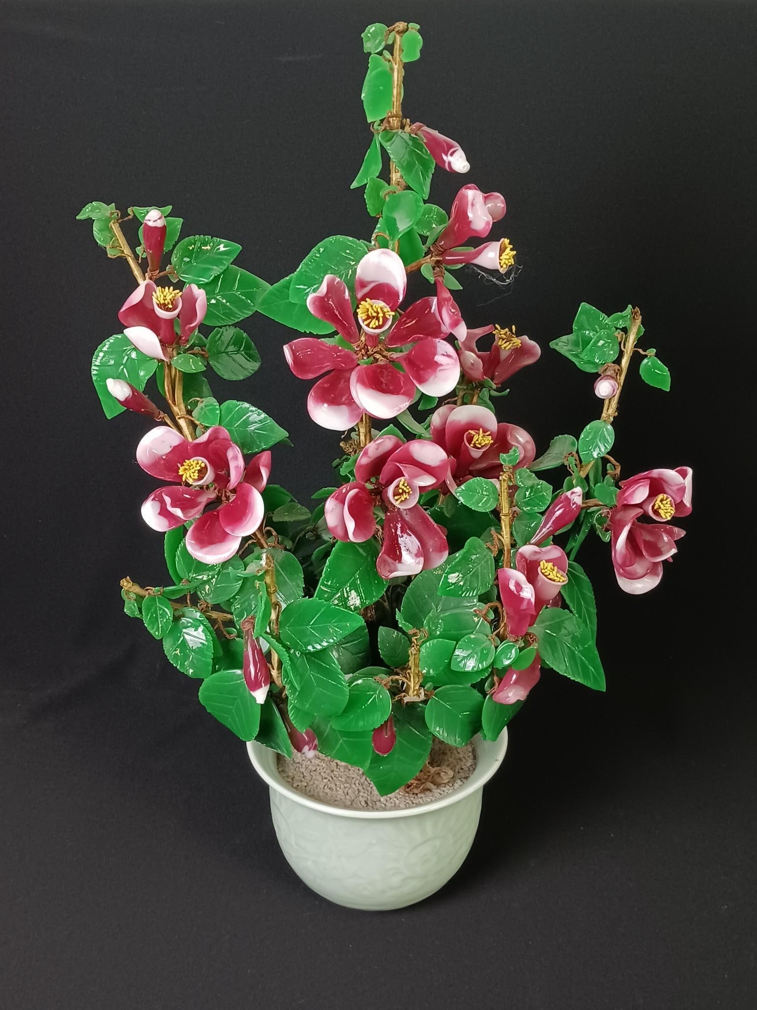 Glass Floral Arrangement in Celadon Pot: Overall: 16" wide x 13" deep x 24-1/2" high.