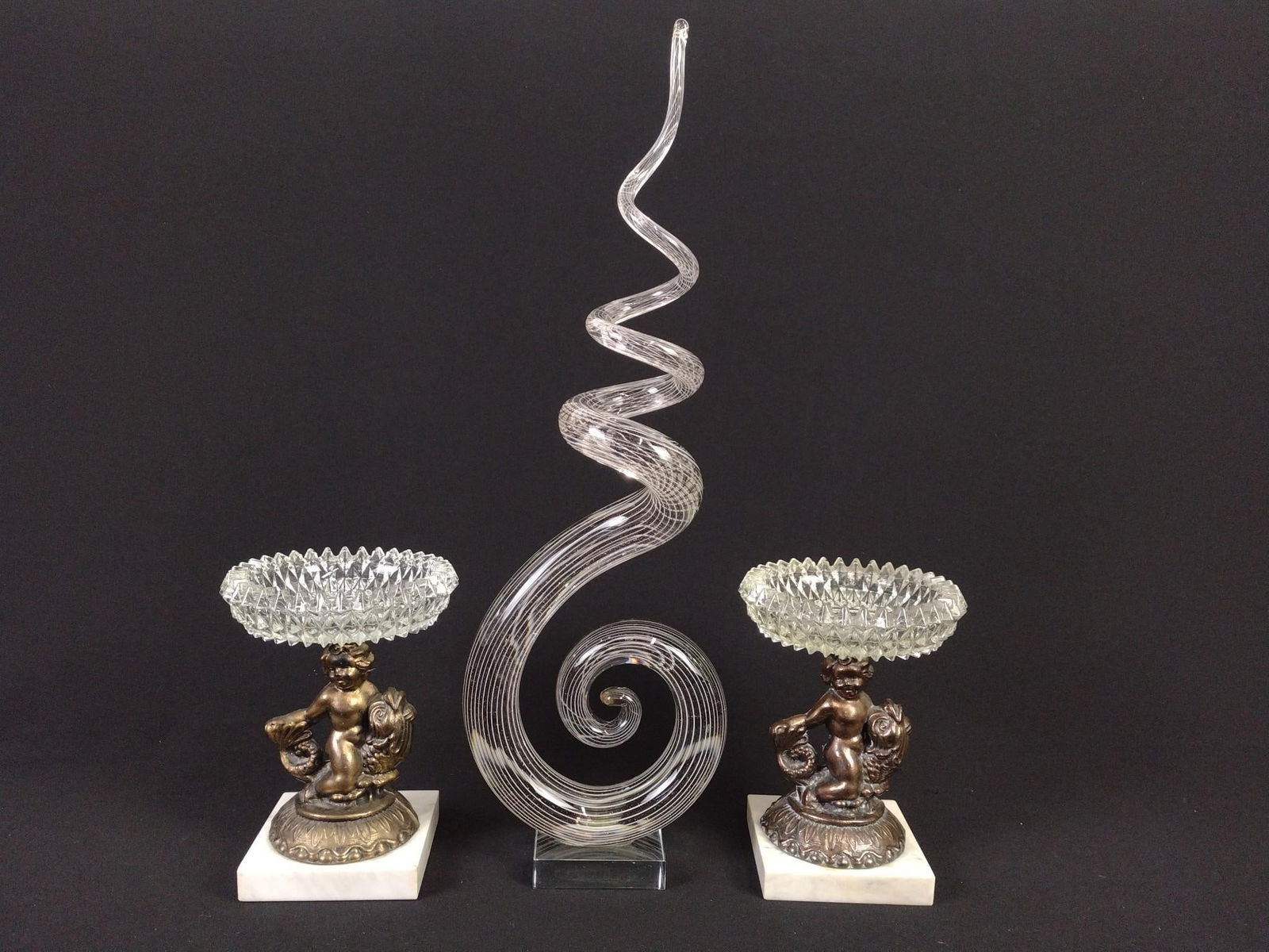 3 Pcs Glassware incl Art Glass Sculpture and Pr Compotes (1 of 7)