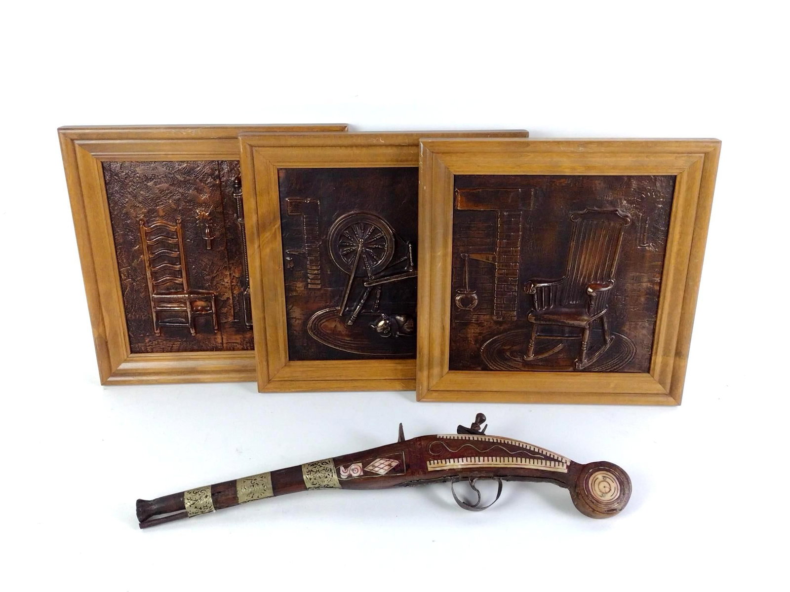 Moroccan Repro Pistol and 3 Furniture Wall Plaques: Pistol: 19" long. Plaques: each overall with frame: 12-1/4" high x 12-1/4" wide.