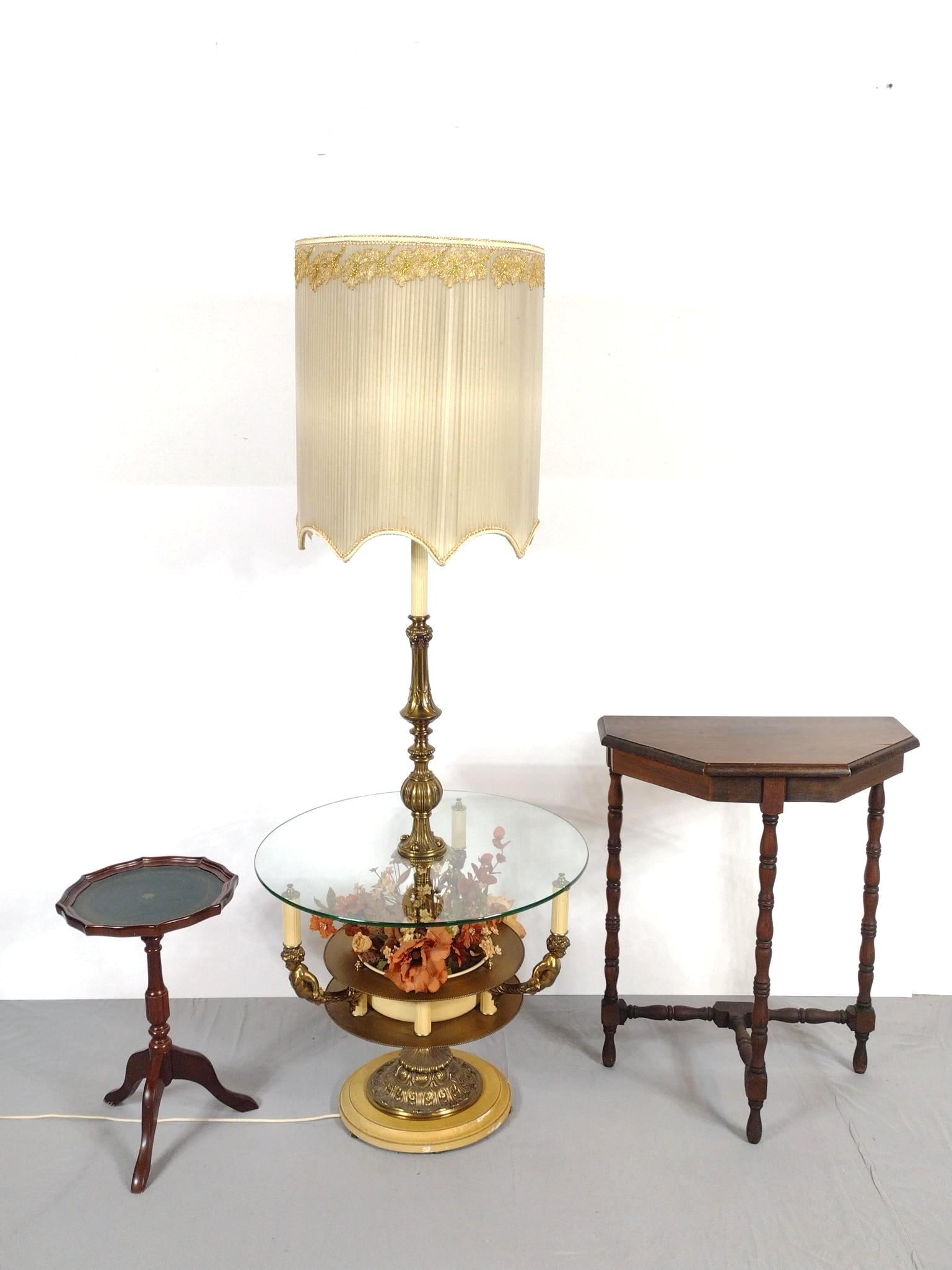 Lamp Table, Hall Table & Candle Stand: NOT ELIGIBLE FOR IN-HOUSE SHIPPING. Lamp Table 26" diameter X 66-1/4" high. Working. Has some paint loss at base. Hall Table 24" wide X 12" deep X 31" high. Top has some scratches and finish loss. Can