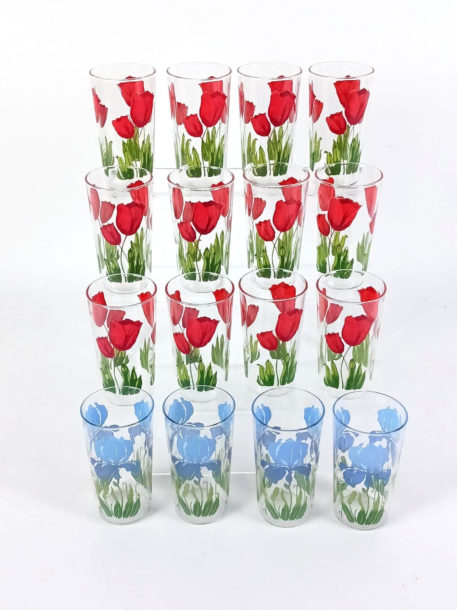 16 Vintage Floral Drinking Glasses: Each: 2-3/4" diameter x 4-3/4" high.