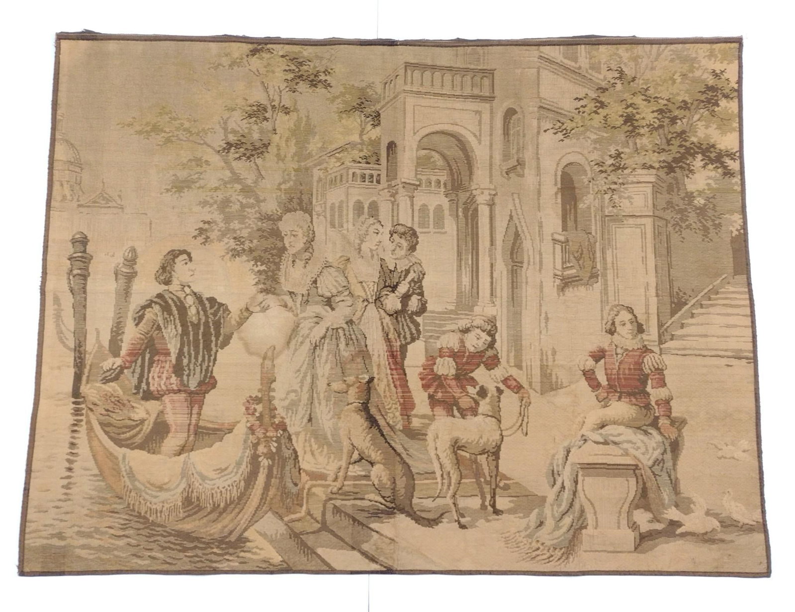 Belgian Venetian Tapestry: NOT ELIGIBLE FOR IN-HOUSE SHIPPING. 48-1/2" high x 63" wide. Has spot of discoloring. Made in Belgium.
