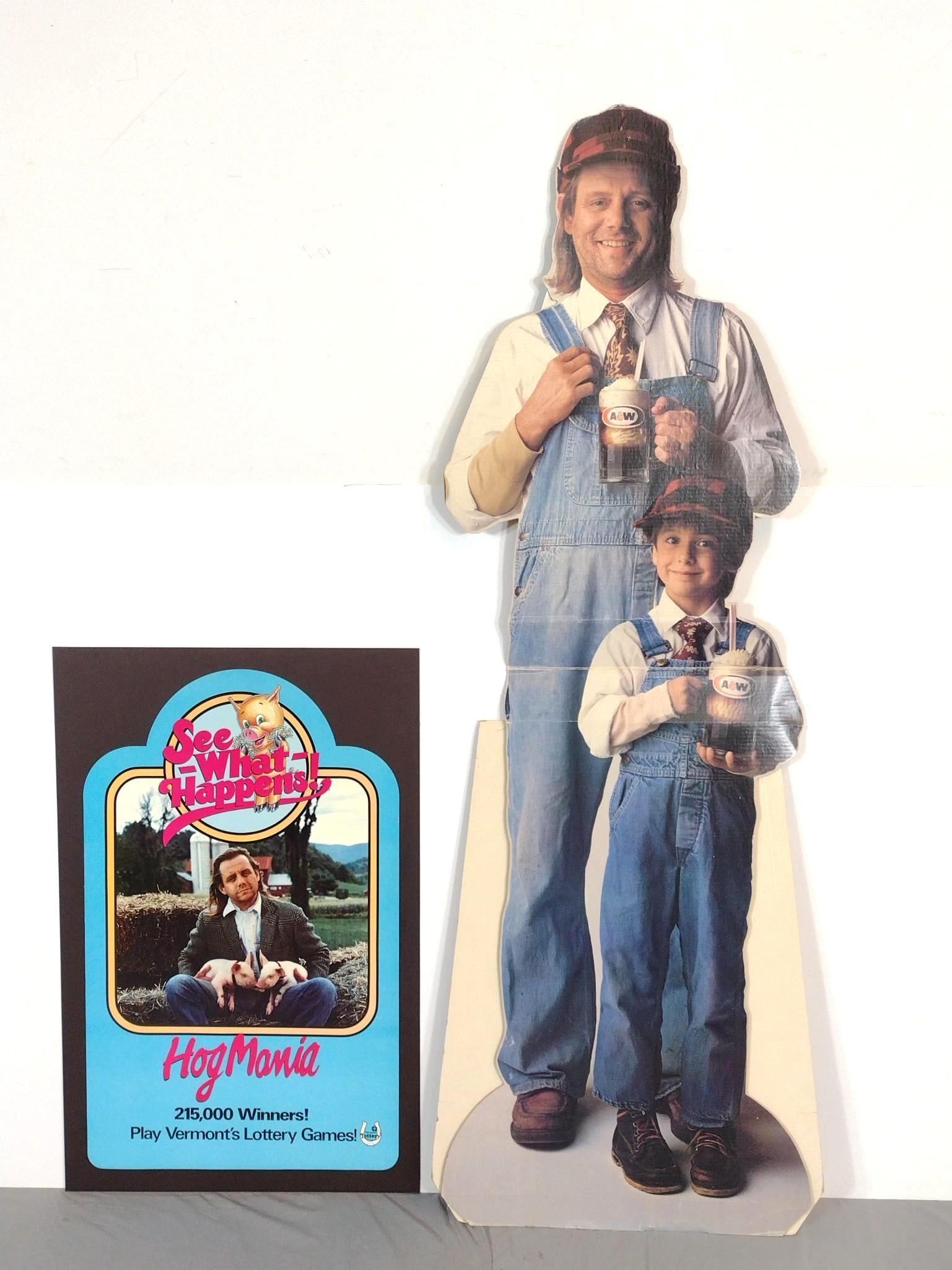William Sanderson Hog Mania and A&W Advertising: NOT ELIGIBLE FOR IN-HOUSE SHIPPING. Hog mania poster 37-1/2" high x 24-1/2" wide. Life size A&W Cutout 72" high x 25-1/2" wide.