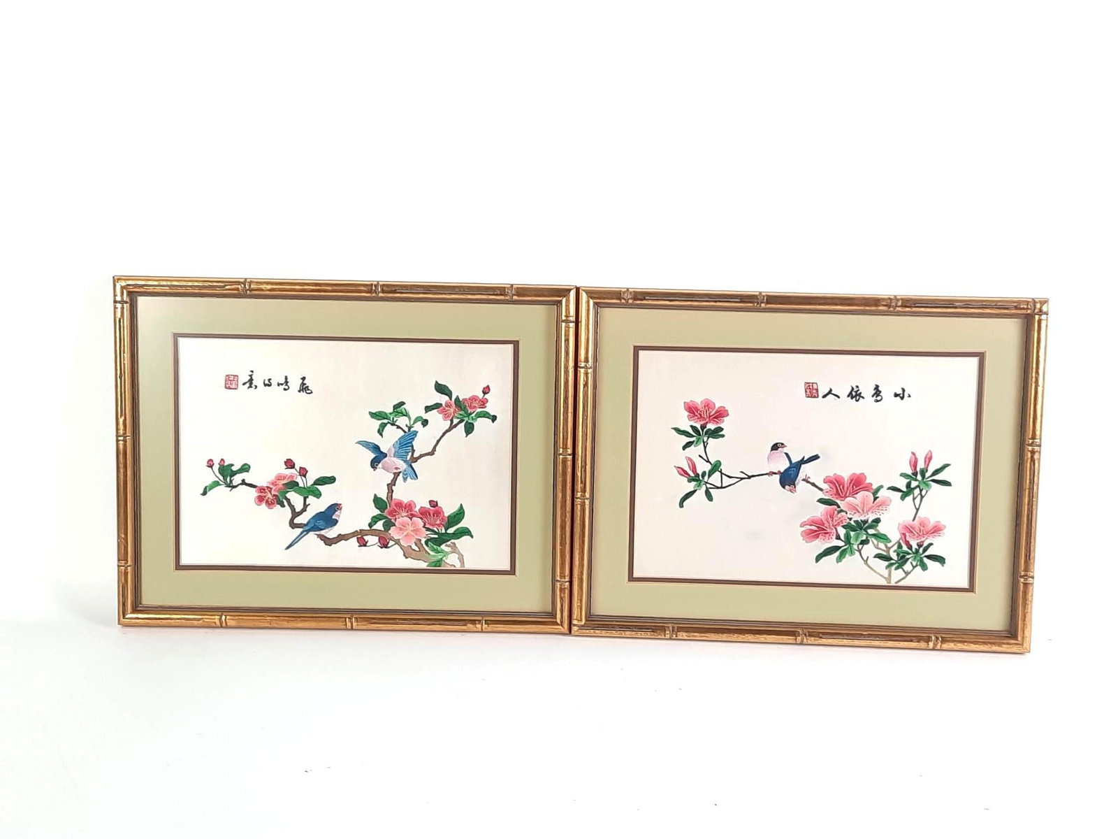 2 Bird and Flower Embroideries: NOT ELIGIBLE FOR IN-HOUSE SHIPPING. Sight: each 8-1/2" high x 12-1/4" wide. Overall with frame: each 13" high x 17-1/4" wide.
