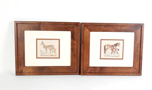 2 Harrison Begay Southwest Style Prints: NOT ELIGIBLE FOR IN-HOUSE SHIPPING. Sight: Each 5-1/4" high x 6-1/4" wide. Overall with frame: 16" high x 19" wide.