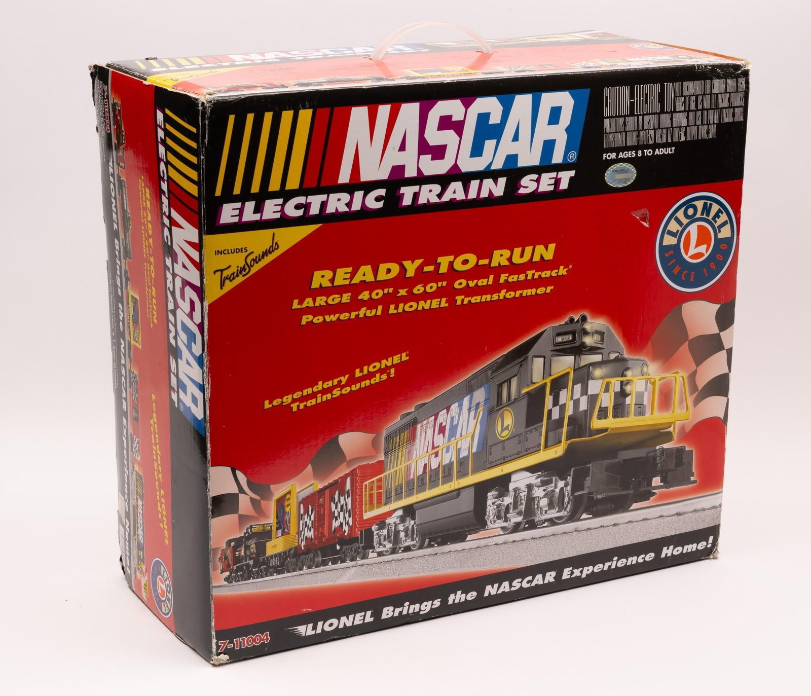 Lionel NASCAR Ready to Run Electric Train Set: NOT ELIGIBLE FOR IN-HOUSE SHIPPING. New in box. Box with some wear.