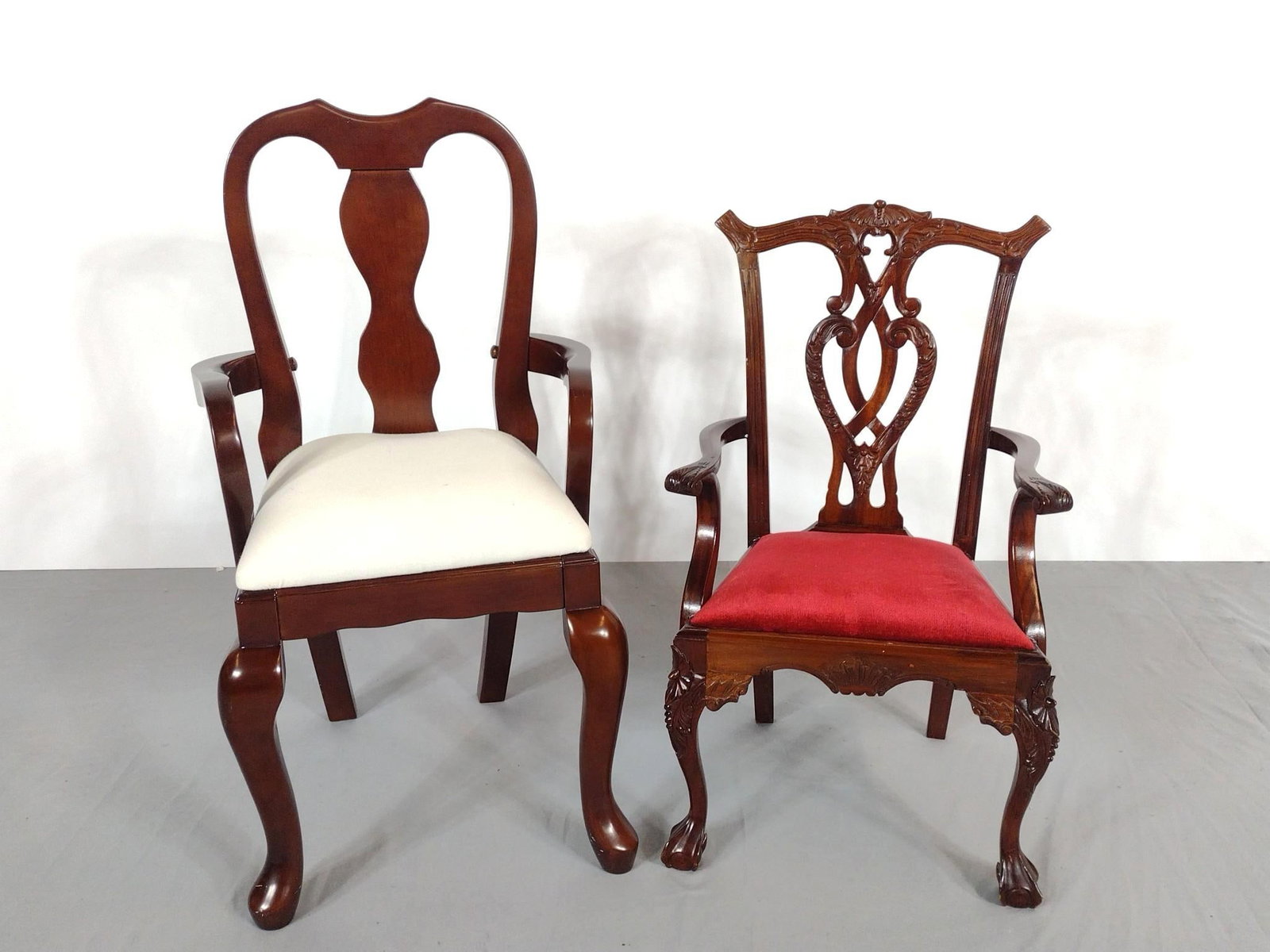 2 Queen Anne Style Childs Chairs: NOT ELIGIBLE FOR IN-HOUSE SHIPPING. 14" to 16" wide X 11" to 13" deep X 23-1/2" to 28" high.