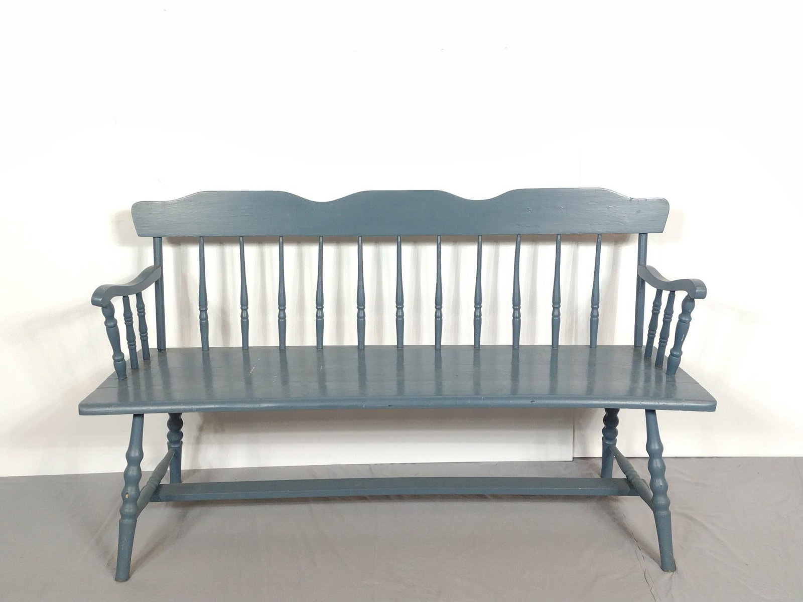 Blue Painted Bench: NOT ELIGIBLE FOR IN-HOUSE SHIPPING. 60" wide X 17" deep X 34" high. Has some scratches.
