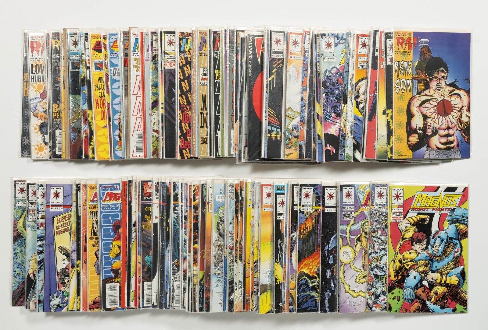 Approx. 140 Misc Valiant Comics: Titles include Magnus Robot Fighter; Ninjack; Rai; and others. Original runs. 1990s and up. Average condition VF.