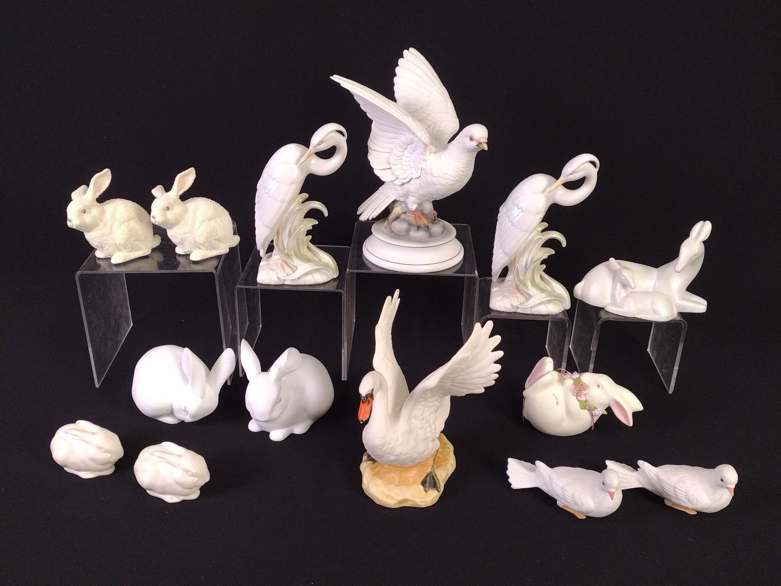 14 Bird and Bunny Figures incl Fitz and Floyd: Also includes dept. 56 and Andrea by Sadek. 2" to 9" high.