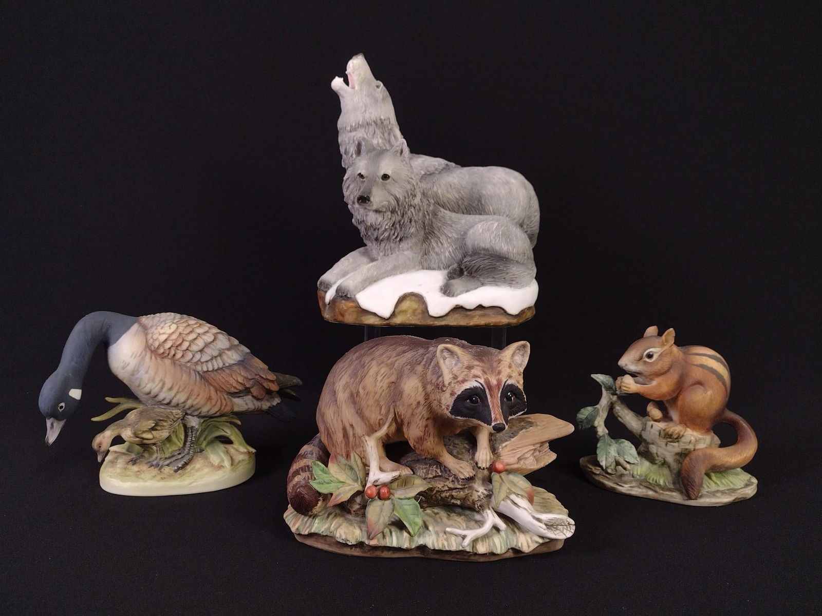 4 Animal Figures incl Lefton and Napcoware: Also includes Andrea by Sadek and Wolves marked Rosa 1994. 5-1/4" to 9-1/2" high.