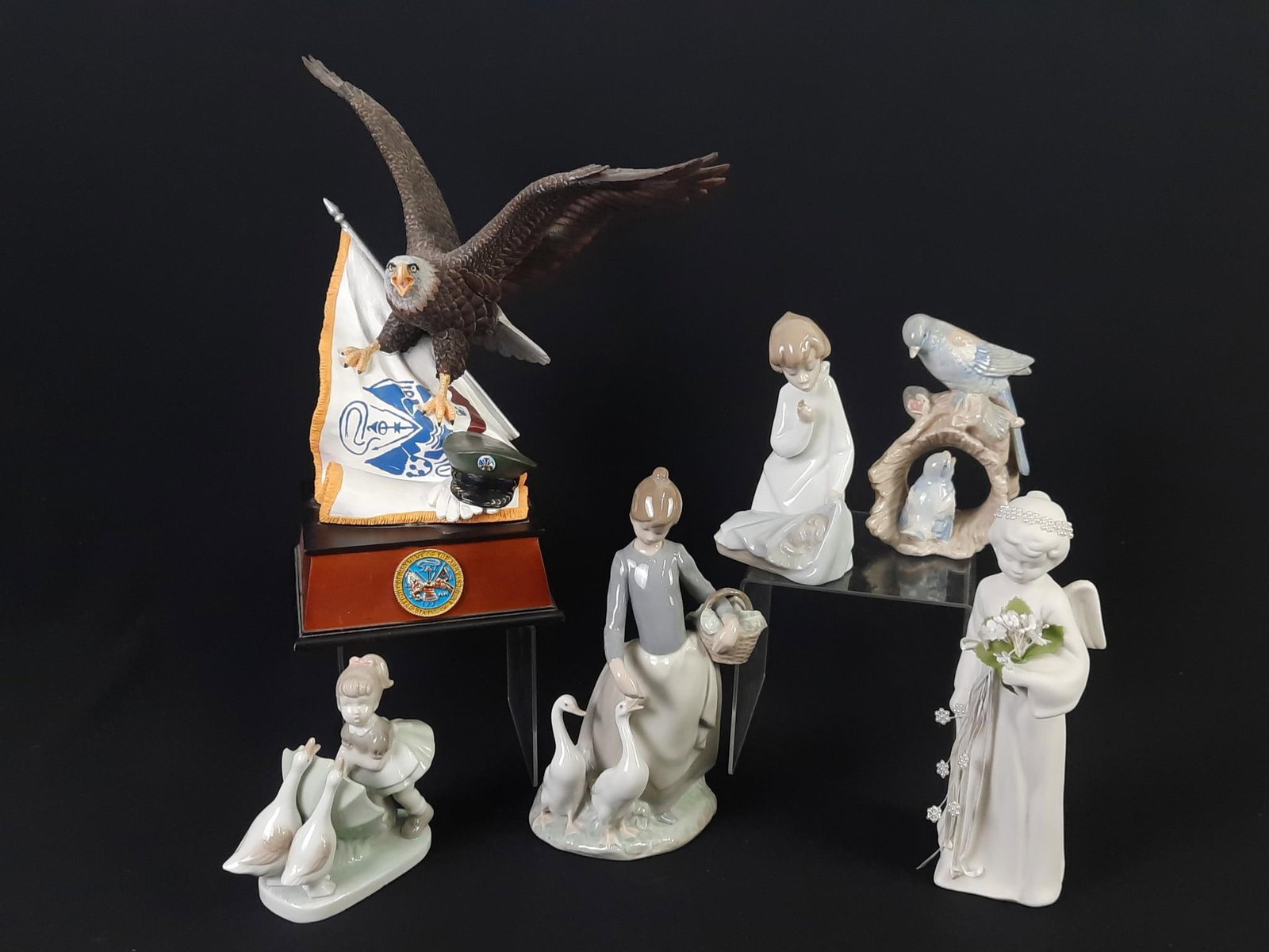 6 Figurines incl Lladro: Also includes Woodmere and American Heros Eagle. 5-1/4" to 13-3/4" high. Lladro boy with repaired finger.