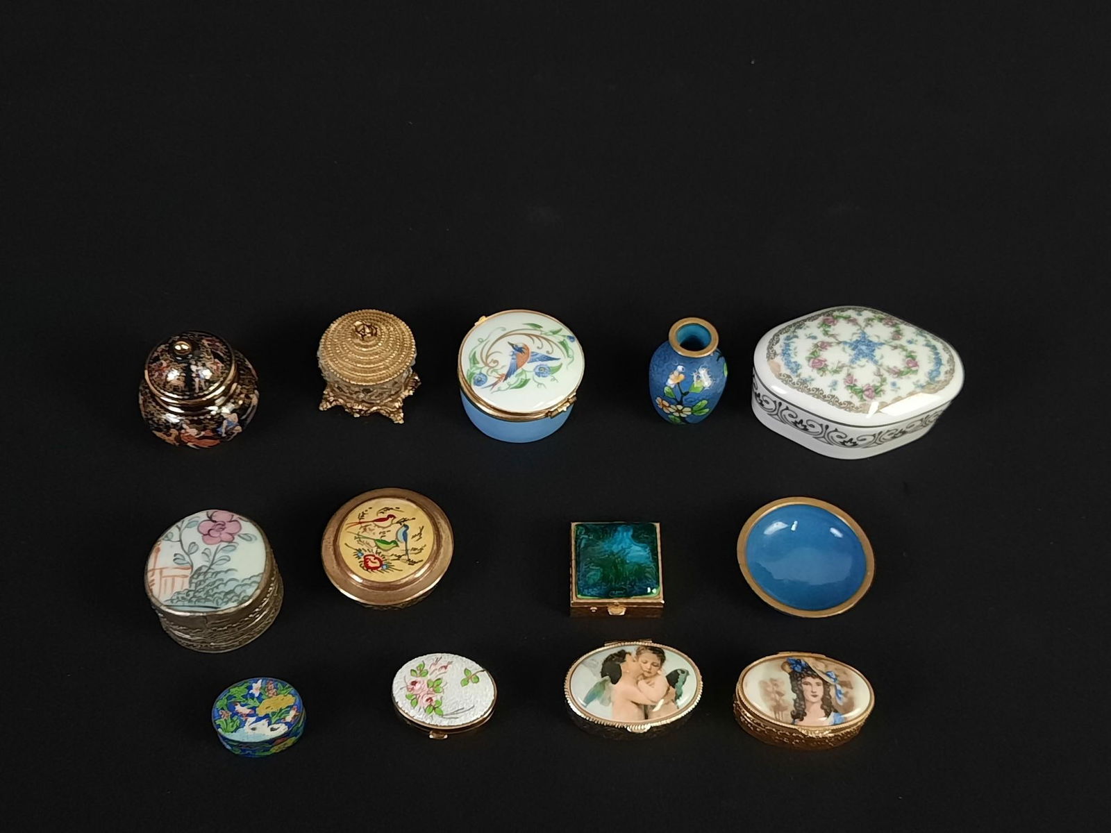 13 Miniatures incl Trinket Boxes: Includes Limoges, Heritage House, enameled and more. 1/2" to 2-1/4" high.