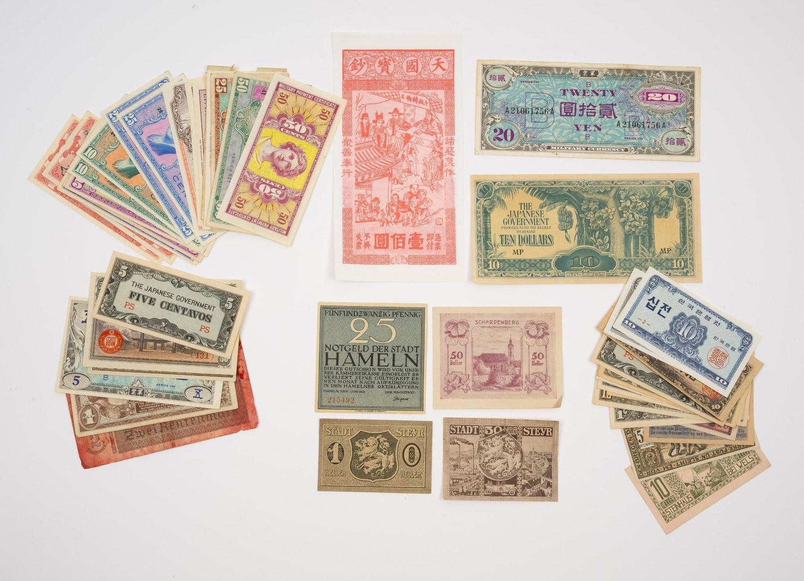 48 Pcs Replica Series Military Payment: Most uncirculated. All with pastel dot on boarder consistent with replica series printing. Some with discoloration, tears and losses.