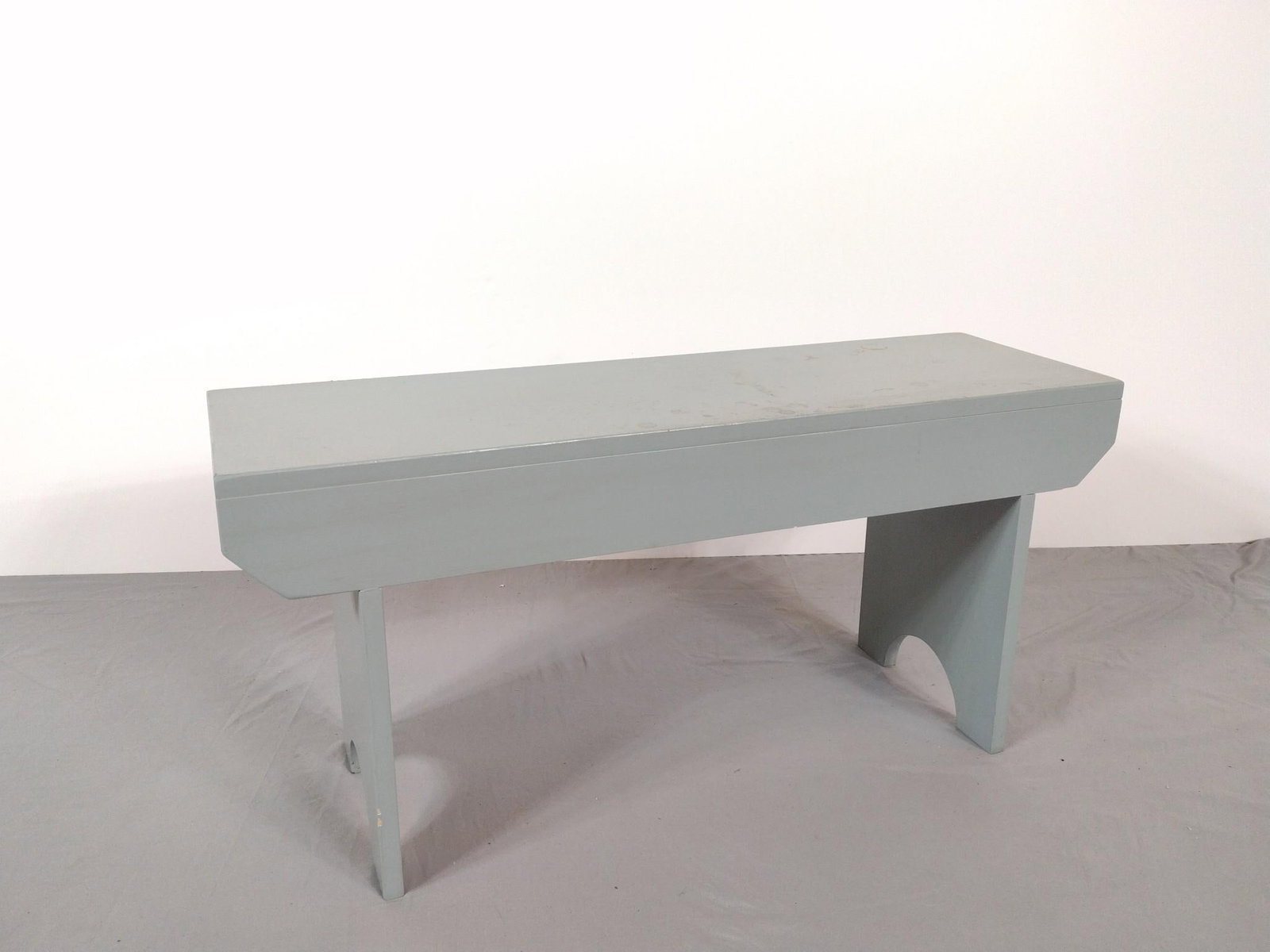 Blue Painted Bench: NOT ELIGIBLE FOR IN-HOUSE SHIPPING. 36" wide X 11" deep X 17" high. Has some scratches.