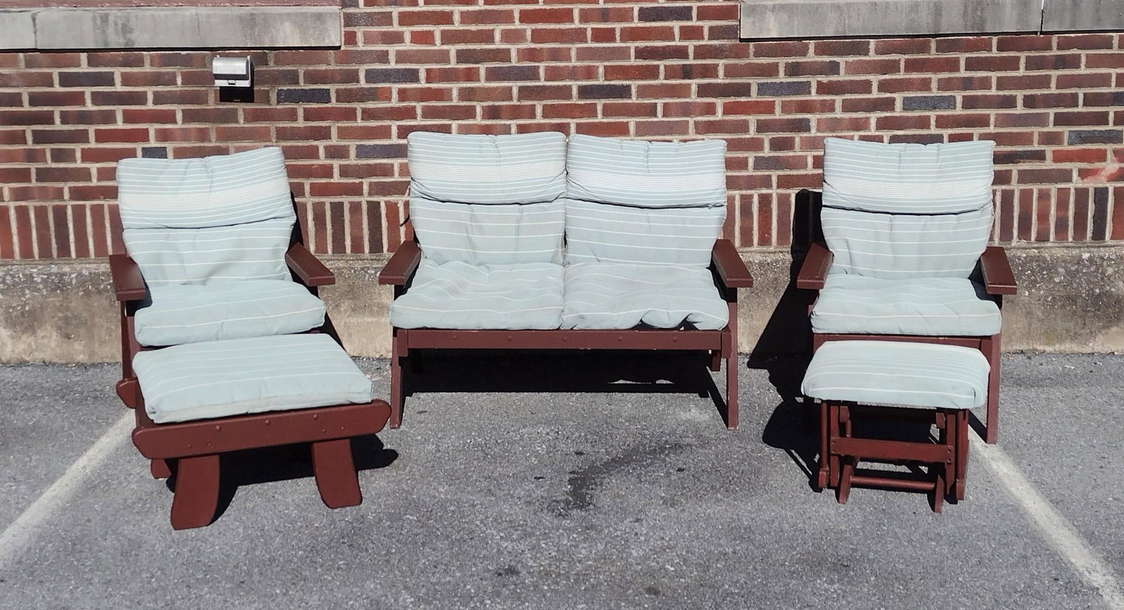 5 Pc Outdoor Set: NOT ELIGIBLE FOR IN-HOUSE SHIPPING. Love seats 47" wide X 29" deep X 35" high. Arm Chairs 26" wide X 29" deep X 33" high. Ottoman 27" wide X 19-1/2" deep X 14" high. Some wear consistent with age and 