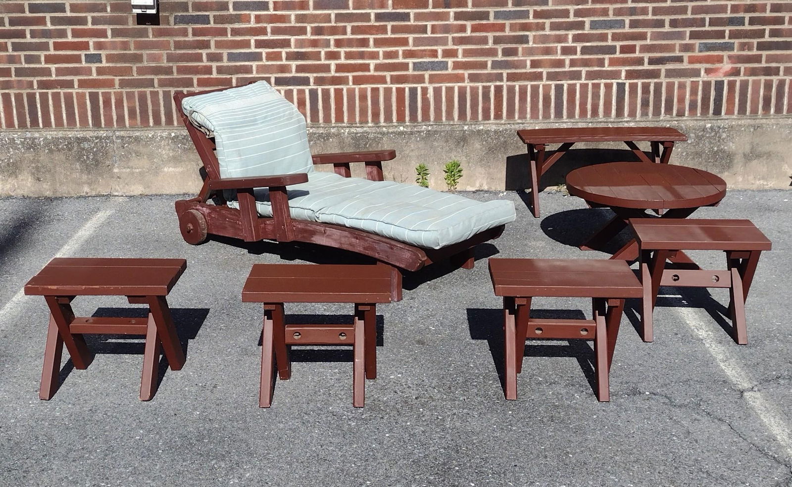 7 Pcs Outdoor Furniture Incl Lounge Chair: NOT ELIGIBLE FOR IN-HOUSE SHIPPING. Lounge chair 30" wide X 62" deep X 29" high. Small bench 18" wide X 11" deep X 15" high. Round table 27" diameter X 15" high. Long bench 33-1/2" wide X 12" deep X 1