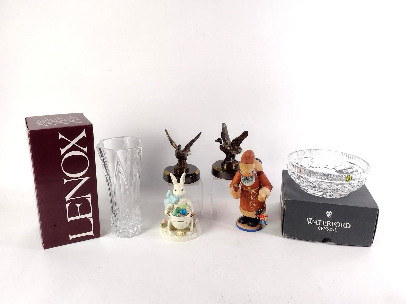 6 Pcs incl Waterford and Lenox: Includes Lenox bunny figurine, Lenox glass vase, Waterford bowl, German Santa smoker and pair of PM Inc. duck book ends. 5-1/2" to 9-1/2" high.