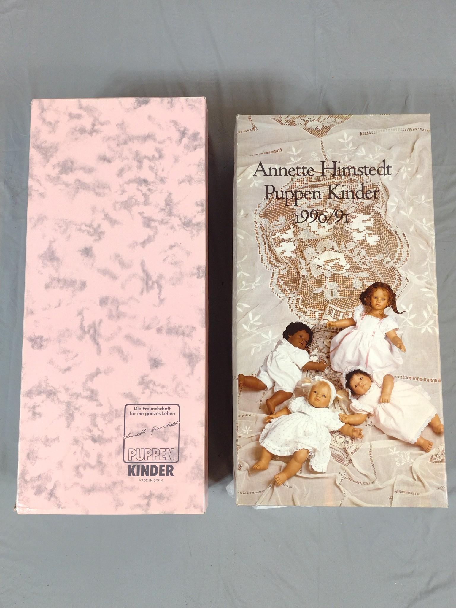 2 Annette Himstedt Dolls incl Ellen and Taki: NOT ELIGIBLE FOR IN-HOUSE SHIPPING. Both with COA and box. 21" to 28" high. Both with wear consistent with age and use. Brown box with some separation at corners.