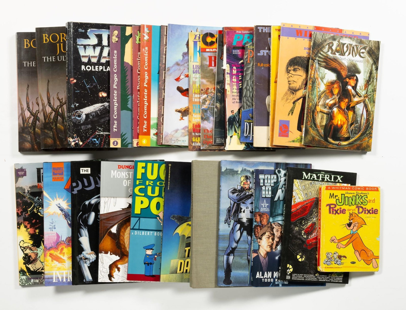 28 Various Hard & Soft Cover Comi Collections: 28 Various Hard & Soft Cover Comic Collections. Titles include Punisher; Batman; and many others. Bloodstar book is damaged. Average condition VF.