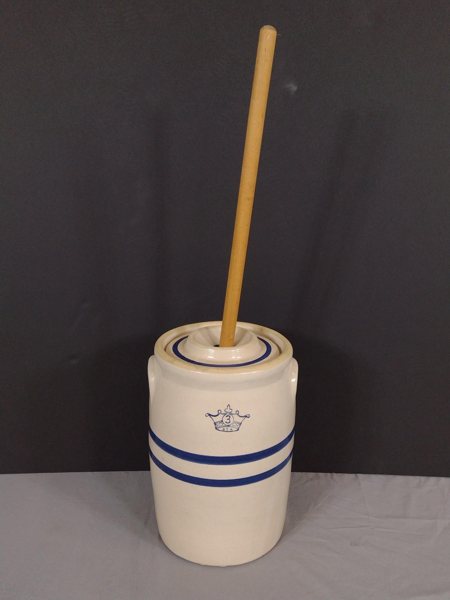 Robinson Ransbottom 3 Gallon Stoneware Churn: NOT ELIGIBLE FOR IN-HOUSE SHIPPING. Overall: 10" diameter x 32" high.