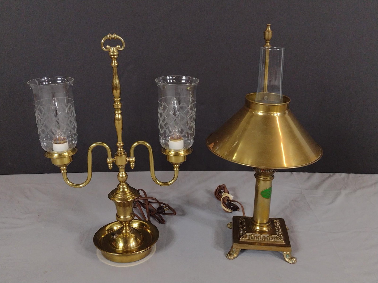 2 Brass Table Lamps incl Orient Express: NOT ELIGIBLE FOR IN-HOUSE SHIPPING. Both working. 19-1/2" to 20" high.