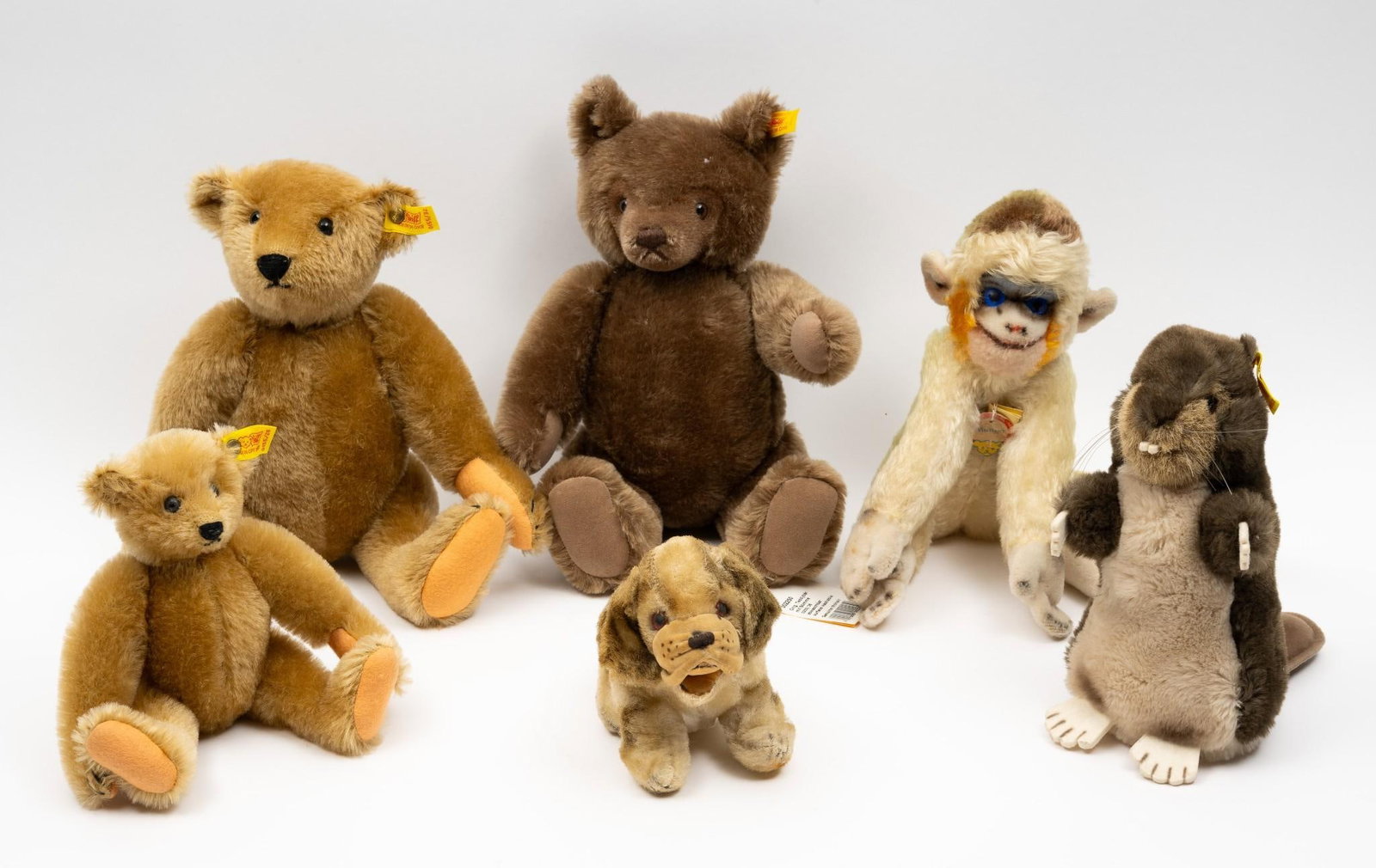 5 Steiff Animals and 1 Unmarked Dog: Dog unmarked. All others with Steiff marking. 5-1/2" to 12-1/2" high.