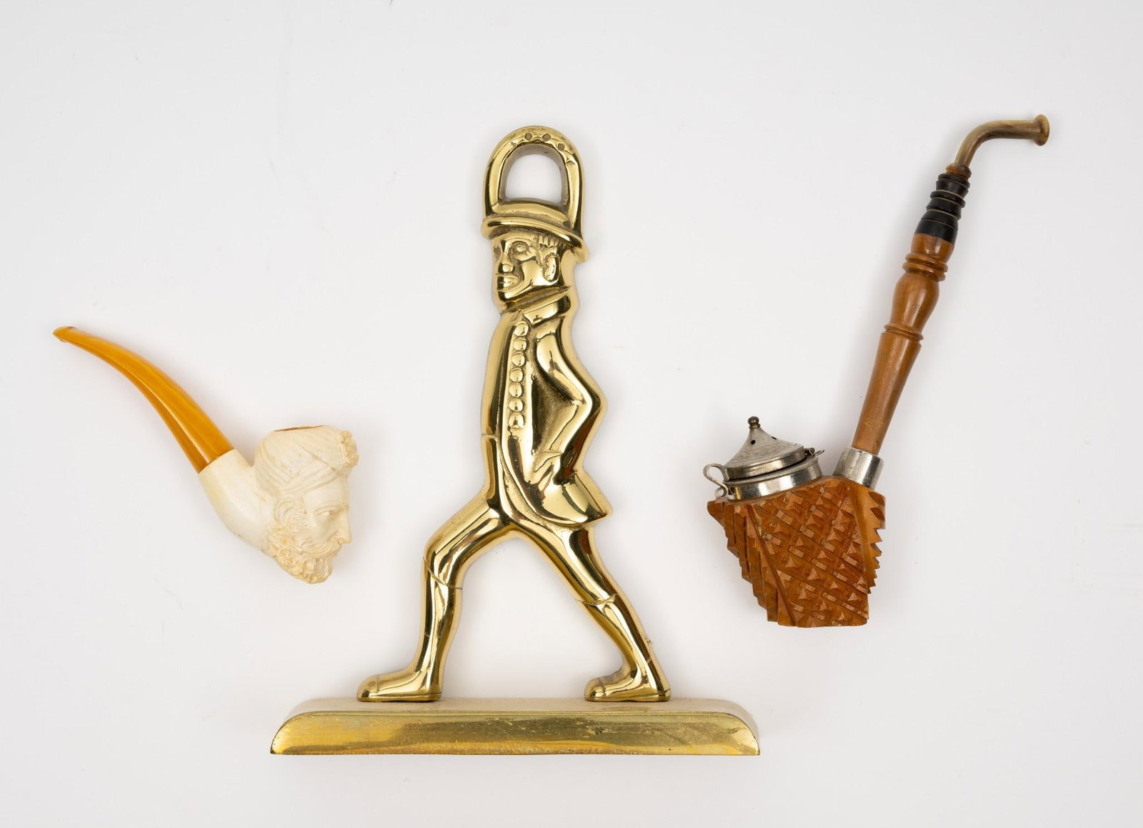 2 Pipes and Williamsburg Brass Door Stop: Pipes include wood carved and meerschaum. Door stop: 8-1/2" high.