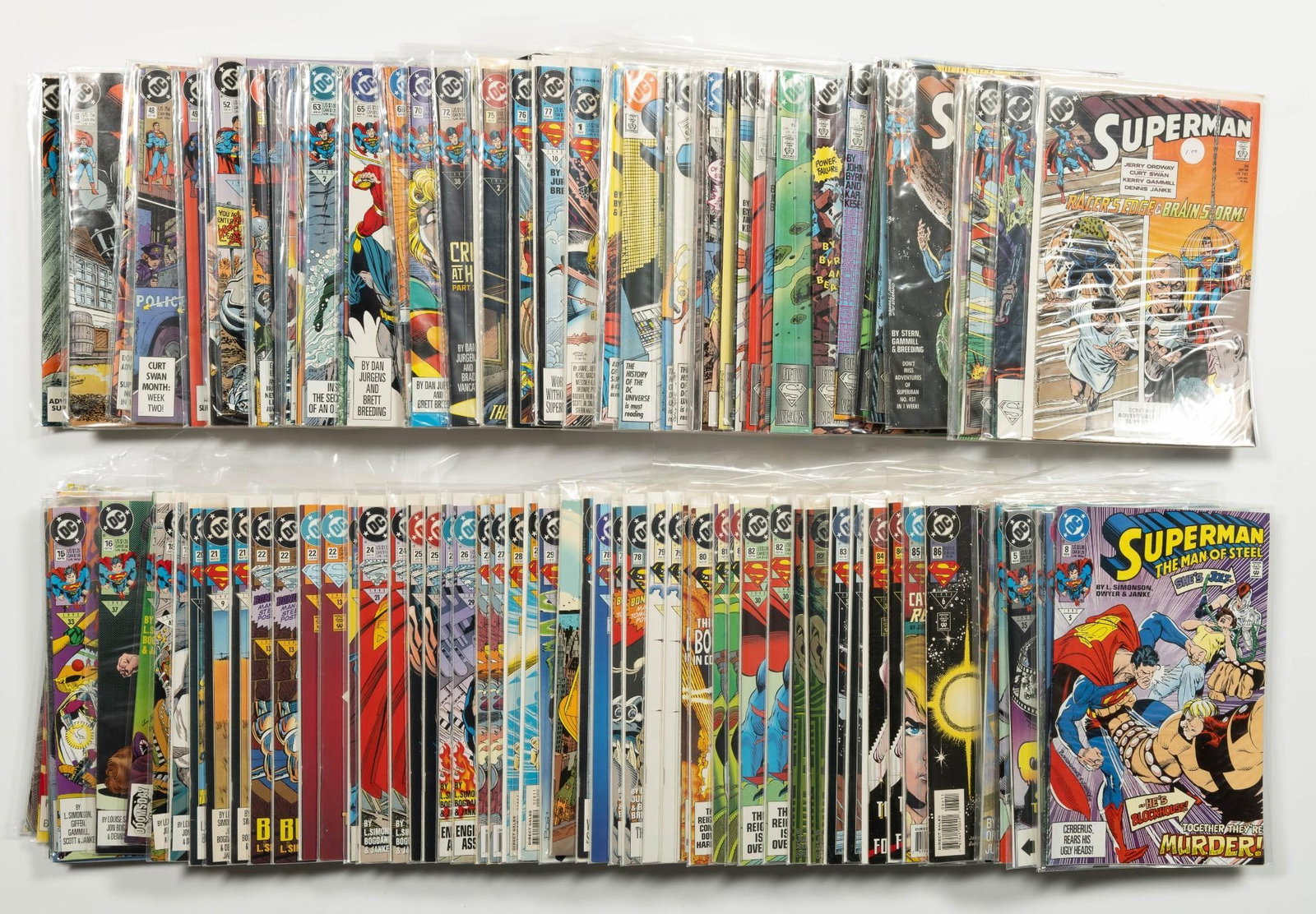 Approx. 140 Superman Comics: Approximately 140 Superman comics. Titles include Superman; Man of Steel; and others. Includes Death of Superman story line with issue #75 sealed. 1990s Average condition VF+.